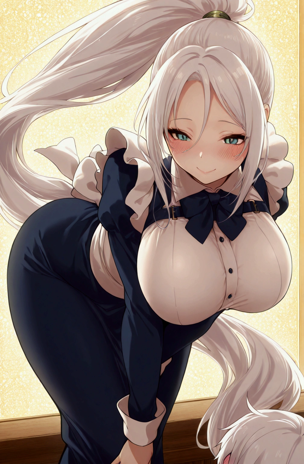 masterpiece, sylpha,Maid, white hair,long hair, ponytail style,, bang,, long hair,Big breast, ,smile,, blush,,smile,, details,perfect, details master pieces,high quality,, feminine, perfect,realistic, perfect lights, perfect lights,inlove,