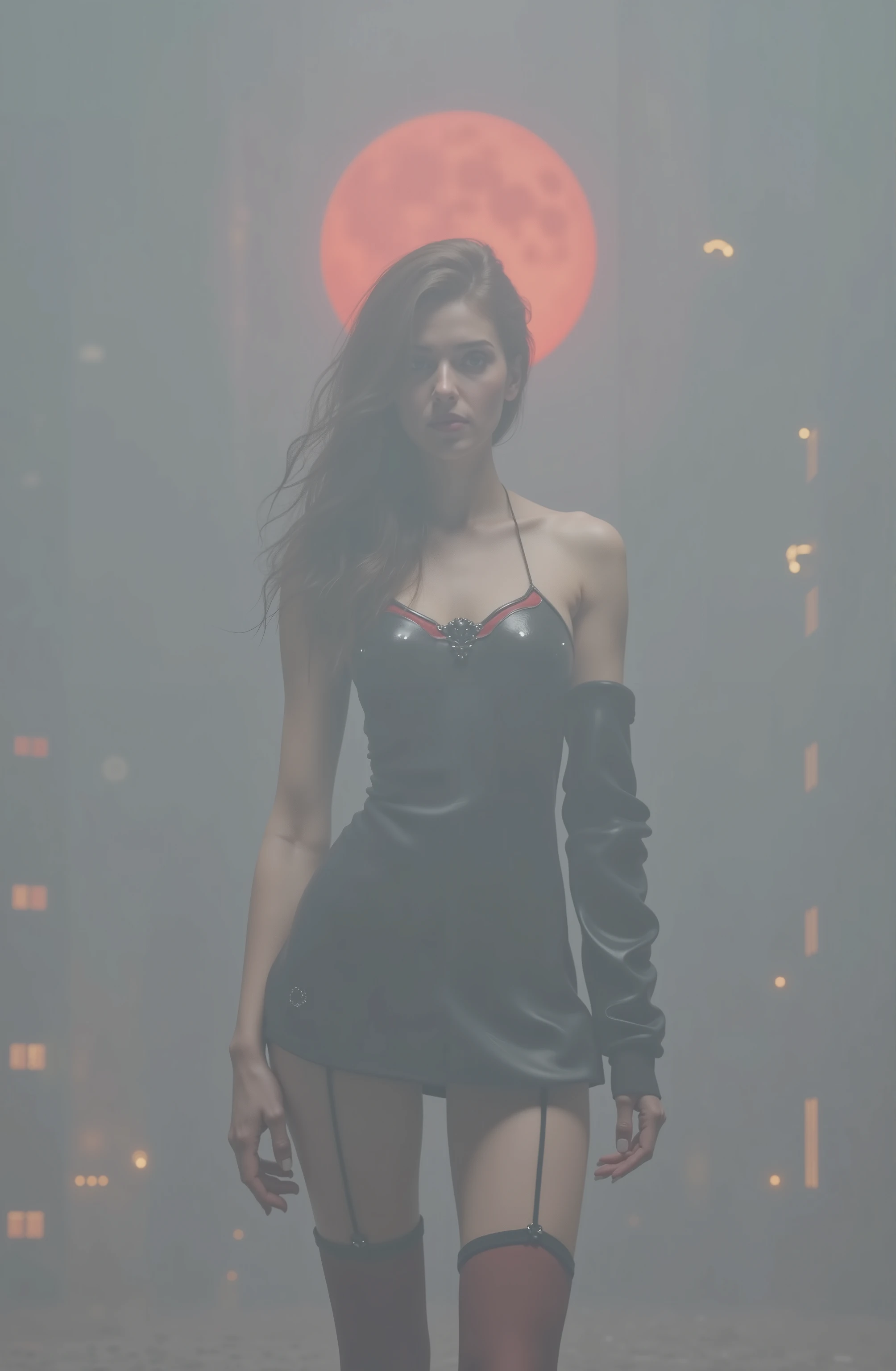 quality and details :
(8k, HD, ultra-detailed, realistic , masterpiece: 1.3), (Professional lighting, kinoreif, clear focus on the figure : 1.5), (strong colors, sharp details , flawless textures ).
scene and lighting :
A radiantly illuminated woman in a tight-fitting , black dress with Fine stockings take center stage in front of a big , glowing red moon .
The figure is bright : concealed , warm light sources put her in focus , surrounded by a delicate golden glow , that gently accentuate her silhouette .
Soft shadows and reflective light reinforce the plasticity of her body and the shiny textures of her outfit.
Character:
She is an elegant and seductive succubus , inspired by Lilith and cyberpunk aesthetics .
Her black, short dress, combined with red and black details , is highlighted by the light , which makes every fold and accent perfectly visible .
Your seductive look and dominating posture catch the light and glow almost .
atmosphere:
The background, with gothic and futuristic elements such as neon shimmers , remains in contrast to the perfectly illuminated figure .
Black and red color accents , which is reinforced by the bright main character , create a dramatic and gripping scene .
Inspired by Diablo 4 and Demonic anime girls , is the scene a mix of cyberpunk and medieval fantasy , with a clearly dominating bright figure in the foreground .