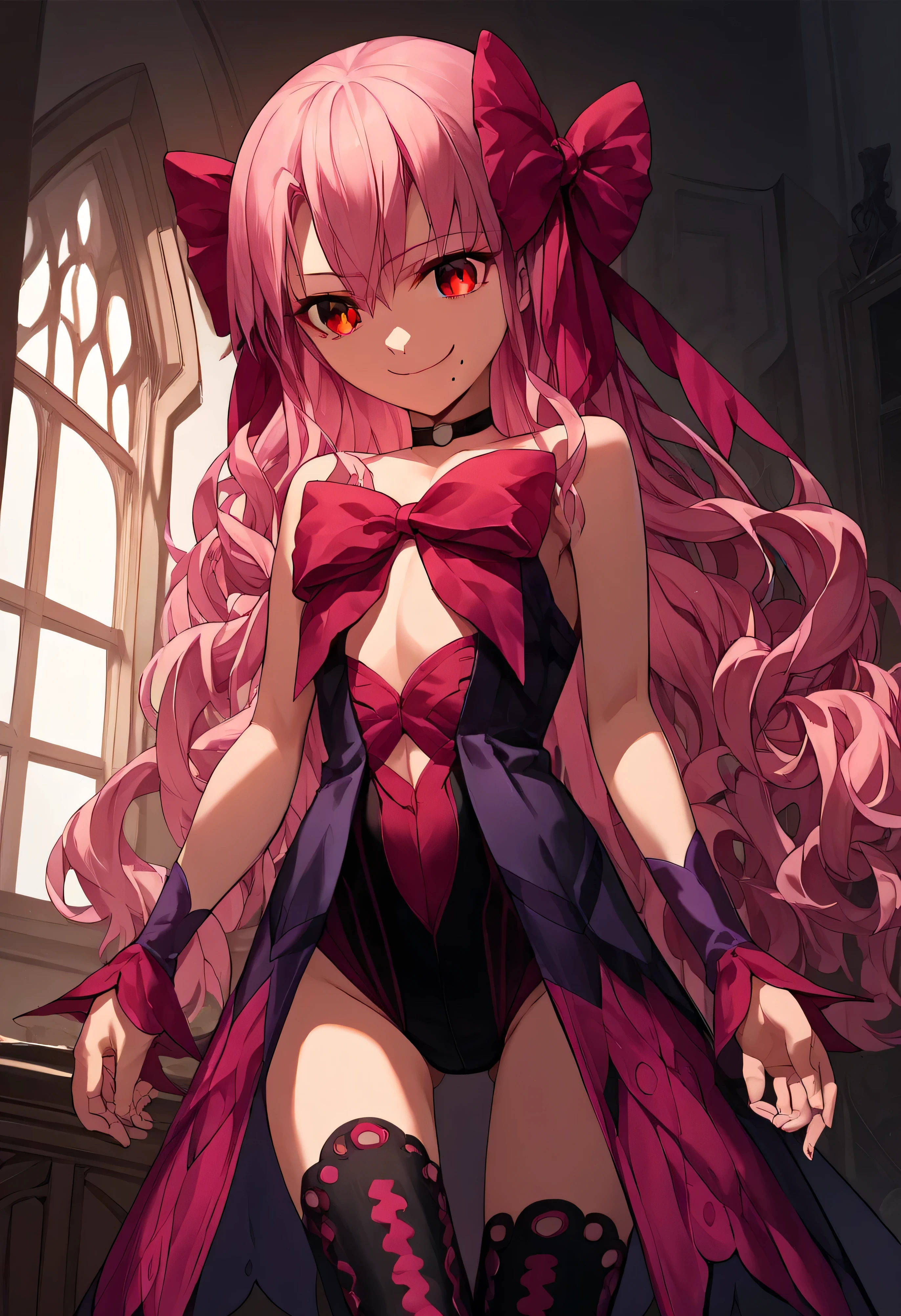 1girl, really long hair, pink hair, red eyes, mole under mouth, hair bow, choker, ribbon, leotard, center opening, bare shoulders, black thighhighs, wrist cuffs, laying, standing, cowboy shot, indoors, gothic, bedroom,  score_9, score_8_up, score_7_up, score_6_up, score_5_up, score_4_up, BREAK source_anime, masterpiece,,very evil smile,best quality,looking down at viewer