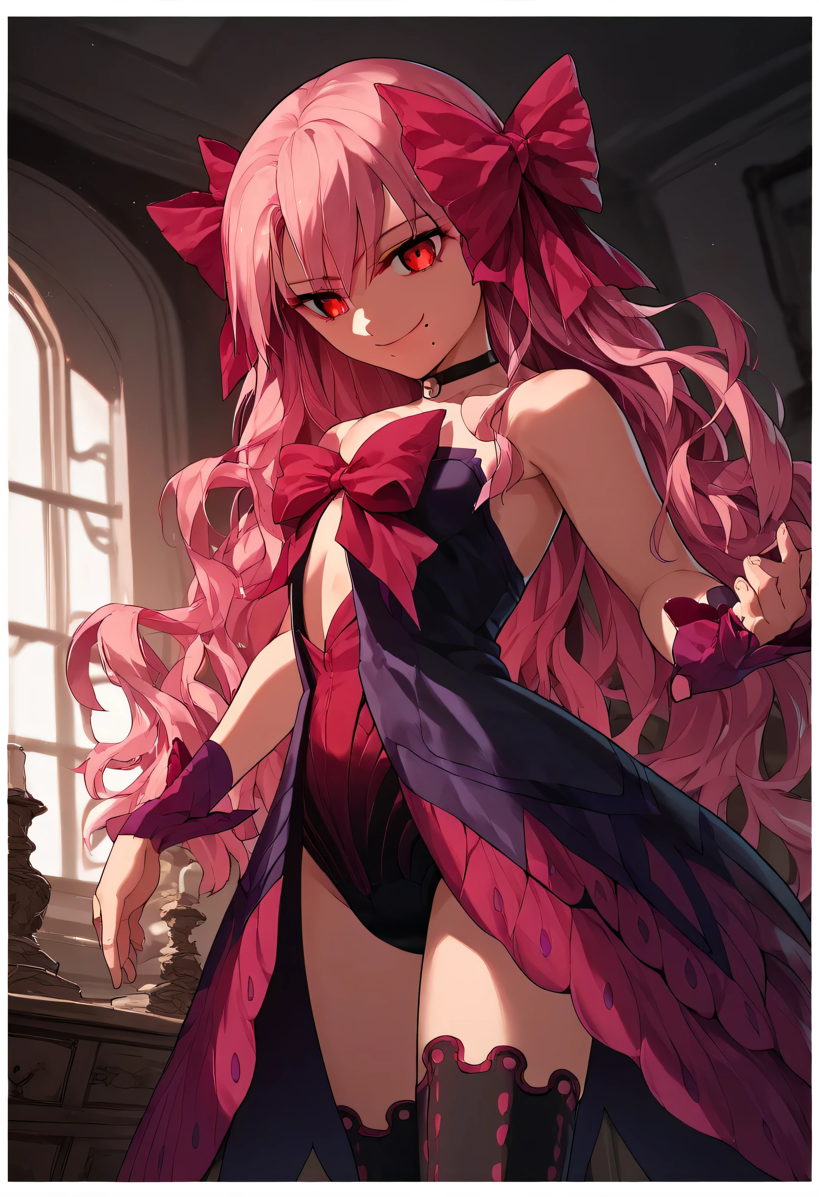 1girl, really long hair, pink hair, red eyes, mole under mouth, hair bow, choker, ribbon, leotard, center opening, bare shoulders, black thighhighs, wrist cuffs, laying, standing, cowboy shot, indoors, gothic, bedroom,  score_9, score_8_up, score_7_up, score_6_up, score_5_up, score_4_up, BREAK source_anime, masterpiece,,very evil smile,best quality,looking down at viewer