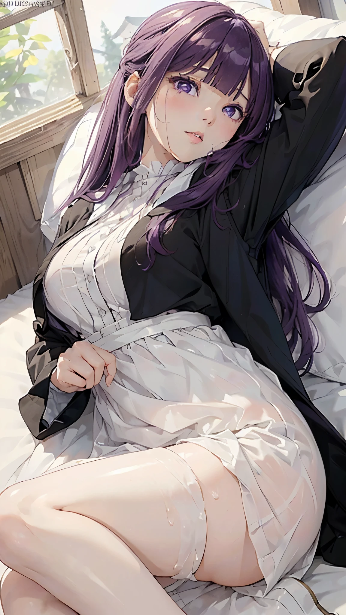 (Masterpiece: 1.3), (Maximum resolution: 1.2), ( ultra HD TV : 1.2), Cinematic Light , 8k resolution, Detailed Facial Features ,( sharp concentration : 1.2), beautiful faces, Acura, Accurate human body structure when holding a knife with one hand , high-definition face and skin texture , beautiful eyes, beautiful eyes, It captures the wonderful characteristics of 、 thin eyebrow boots ,growing skin, ( glossy lips:1.4), perfect style、 Delicately embroidered innerwear for lying down、 white bra、 pants removed 、Exposed chest 、 soft breasts、露出した性器から流れ出るsperm、Sweaty chest、 restless expression 、Express disgust、 embarrassing expression 、anger、sorrow、tears、( with an open crotch :1.5)、Dirty clothes、 sweated 、Thin underwear、18 years old、 purple hair、 purple eyes、beautiful and clean lady 、1 person、 beautiful eyes、 Look Away、Masturbation gestures 、 lots of semen on chest 、太ももにsperm、sperm、 Overflowing with semen、beautiful and clean lady 、 STRAIGHT LONG HAIR 、 straight bangs 、 hair straight to the tips 、 Long Hair That Reaches Her Waist 、( captures the wonderful features of a white dress and black robe :1.3) 、Bad mood 、dissatisfaction、Cold look、 expressionless、 Puffy Face 、Ruins、 Sit against the wall 、spermまみれ、溢れるsperm、 on the bed、 lying down、 from the back、 from the backのアングル、