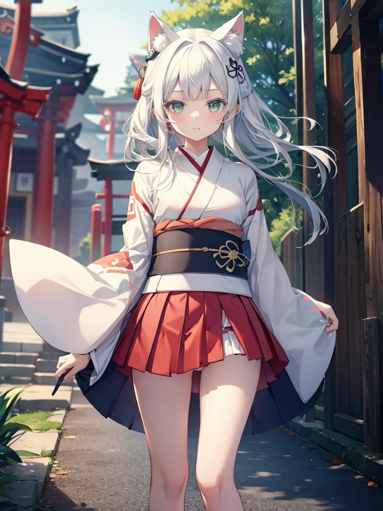 rosmontis_arknights、One ******************、(plain white Japanese kimono:1.5)、  animal ears ,  green eyes, cat ears, White eyelashes、8k、 best quality , masterpiece,  High Resolution , UHD、Alone, super detail、 Complete anatomy、、( red miniskirt :1.5)、 The background is a Japanese shrine、cobblestone walkway、smile、（walk）、(skirt is rising in the wind:1.5)、( panties:1.5)