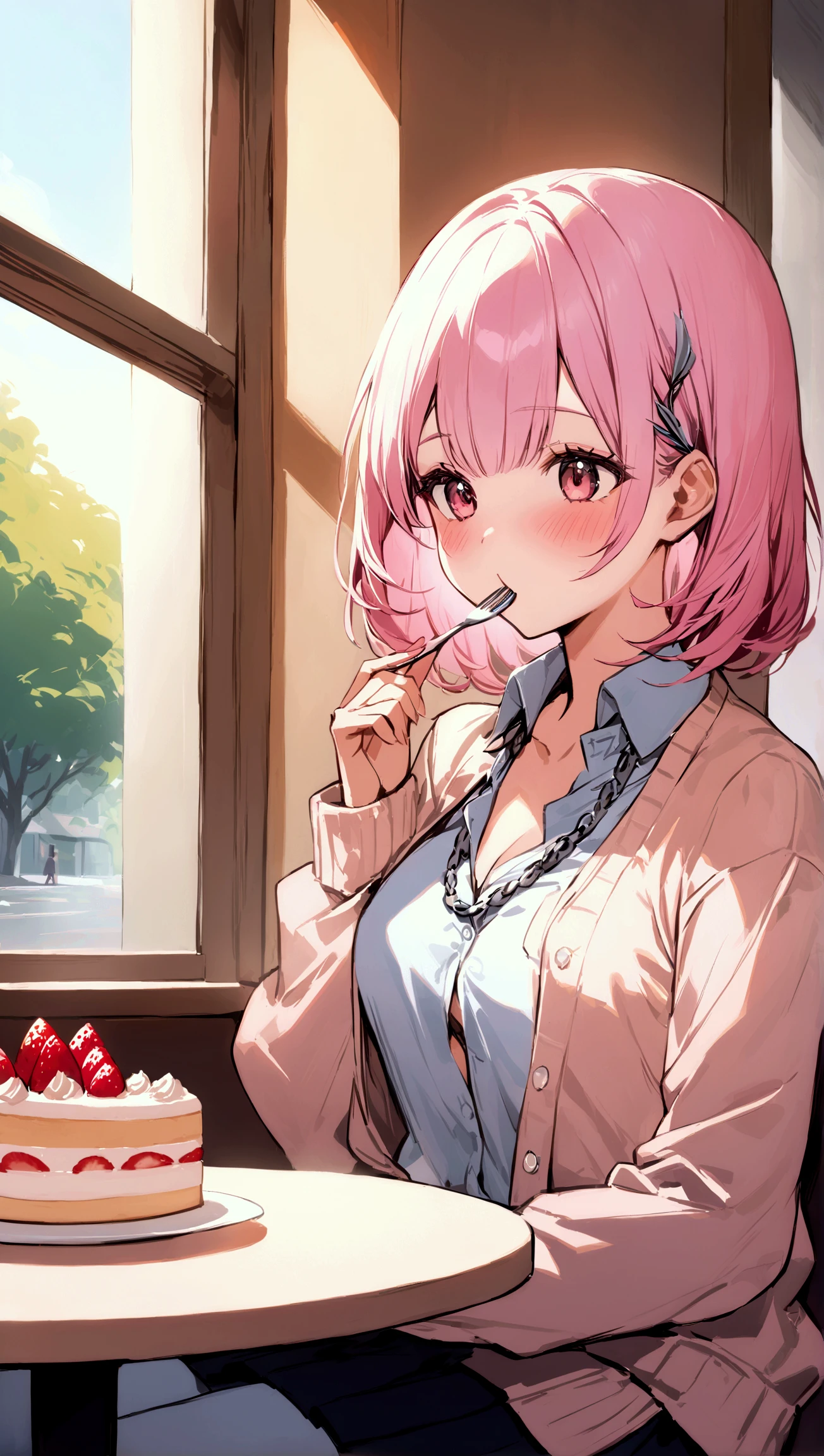  In the cafeteria at noon
Another girl , with short hair dyed pink ,  is sitting at a table next to a window , Eating a dessert.  She wears a slightly unbuttoned sweater in her uniform ,  showing a silver chain around her neck .  Her expression is playful as she savors a spoonful of cake ,  and her cheeks blush slightly when she notices someone watching her . Around you,  the bustle of students eating lunch creates a contrast with her elegant posture.