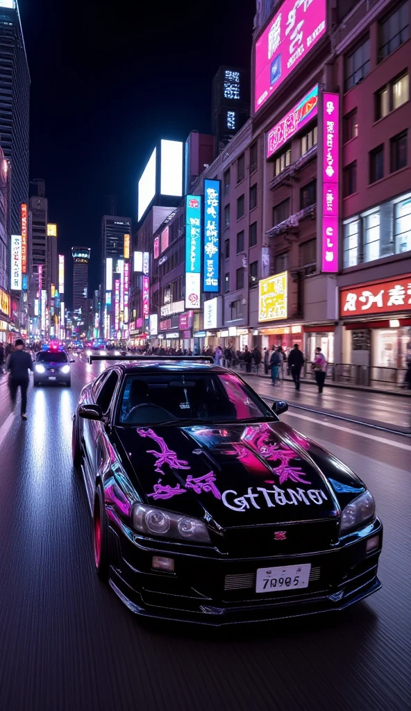 modified r34gtr  ,Japanese Signs、  night view、   Japanese Vehicle License Plates、（  may be chased by police cars）、