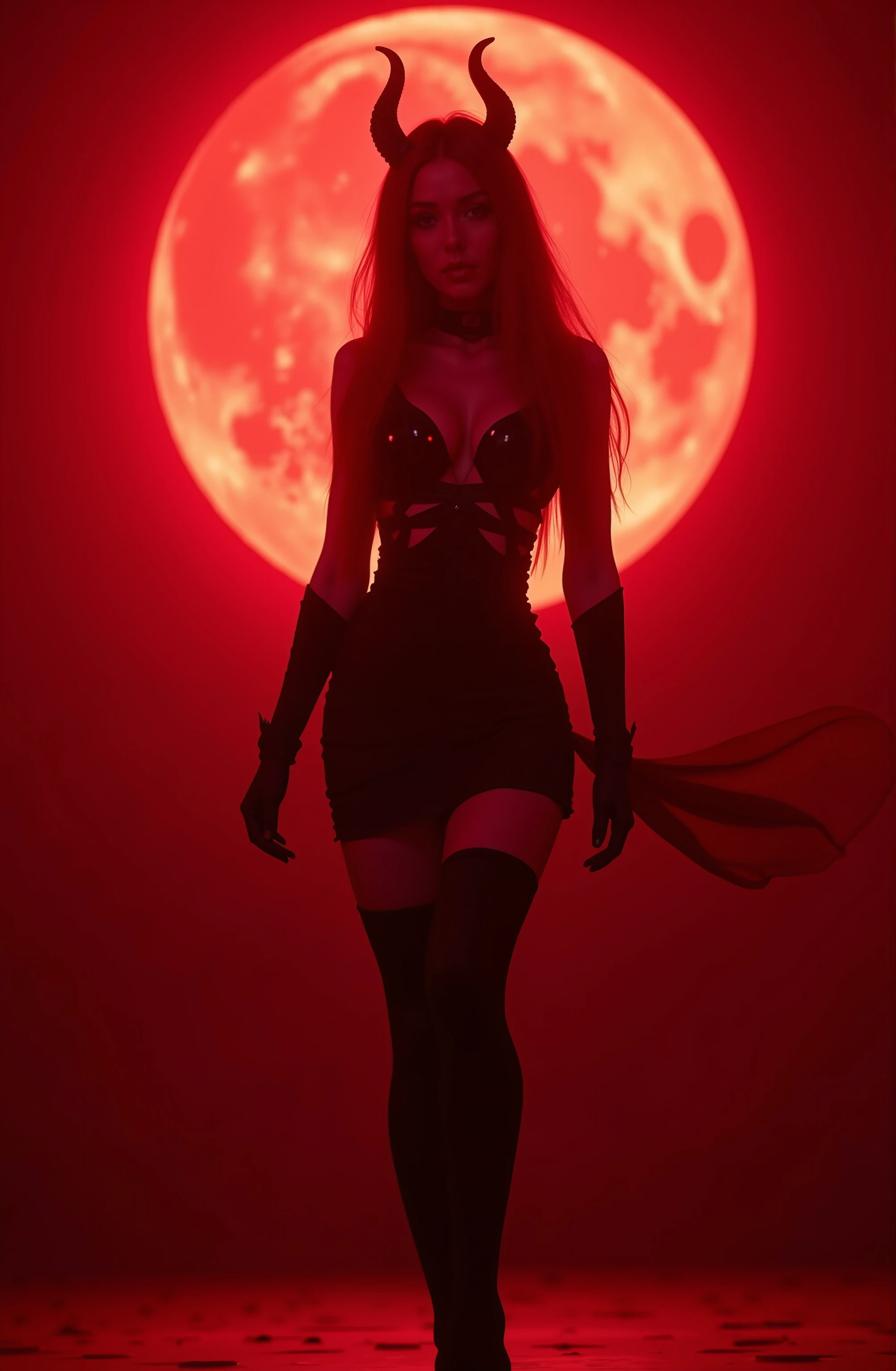   quality and details :

    (8k, HD, ultra-detailed,  realistic ,  masterpiece: 1.3), (Professional lighting, kinoreif,  clear focus on the figure : 1.5), (strong colors,  sharp details , flawless textures ).

 scene and lighting :

     A radiantly illuminated woman in a tight-fitting ,  black dress with Fine stockings take center stage in front of a big ,  glowing red moon .
     The figure is bright : concealed ,  warm light sources put her in focus ,  surrounded by a delicate golden glow ,  that gently accentuate her silhouette .
     Soft shadows and reflective light reinforce the plasticity of her body and the shiny textures of her outfit.

Character:

     She is an elegant and seductive succubus ,  inspired by Lilith and cyberpunk aesthetics .
    Her black, short dress,  combined with red and black details ,  is highlighted by the light ,  which makes every fold and accent perfectly visible .
     Your seductive look and dominating posture catch the light and glow almost .

atmosphere:

    The background,  with gothic and futuristic elements such as neon shimmers ,  remains in contrast to the perfectly illuminated figure .
     Black and red color accents ,  which is reinforced by the bright main character ,  create a dramatic and gripping scene .
     Inspired by Diablo 4 and Demonic anime girls ,  is the scene a mix of cyberpunk and medieval fantasy ,  with a clearly dominating bright figure in the foreground .