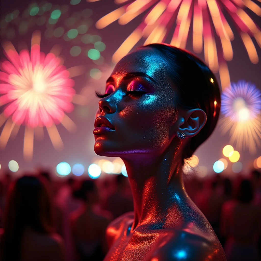 a stunning display of fireworks over a lively new year's eve , colorful explosions in the night sky, south european city, celebration atmosphere, people enjoying the , beautiful detailed faces, intricate firework patterns, warm lighting, vibrant colors, detailed realistic rendering, high quality, cinematic composition , warm lighting, vibrant colors, cinematic lighting, award winning photo, hyper detailed, 8k, high resolution, masterpiece 80’s glam rock makeup on shiny android face, Glittery face, moody lighting, (pink and gold palette), iridescent face, abstract ai model, pretty, sexy, minimal, sleek, slender, asian, elegant, chic, futuristic, retro, sophisticated half human half machine, close up face portrait, Kizi，Highly detailed, Amazing work，Vitreous luster,((clean backdrop))，blacks, yellows，Best quality at best，clean backdrop。shiny skin, colorful background, plain background, gold background, pink background, plunging neckline, huge breasts, cleavage,
