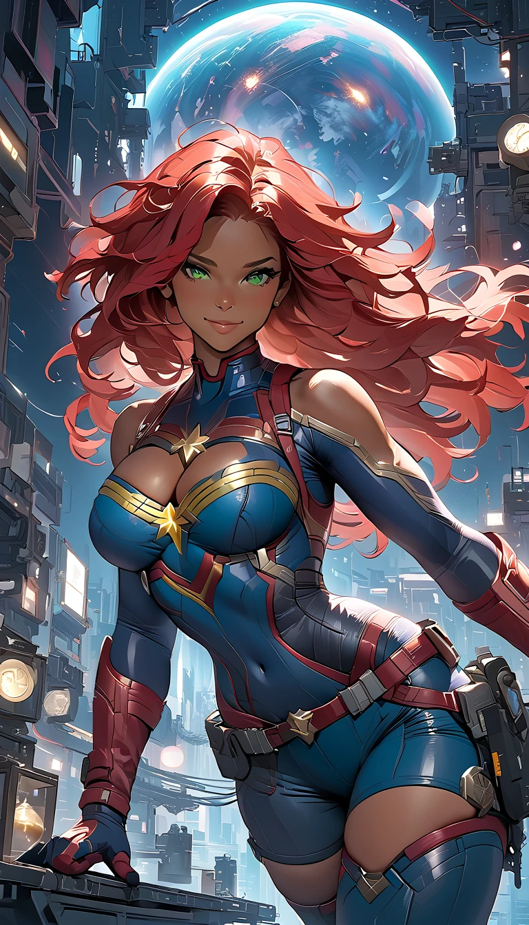 best quality,4k,8k,highres,masterpiece:1.2),ultra-detailed, extremely detailed eyes, extremely detailed body, (large masterpiece digital art), (detailed manga illustration), (detailed line art), ((perfect anatomy)), (intricate details:1.3), (ultra-detailed:1.3), (illustration:1.3), (sharp focus:1.3), (natural lighting:1.05), (vivid colors:1.3), (masterpiece), (best quality:1.4), (perfect anatomy:1.4), high quality, expressive eyes, full body, detailed face, beautiful face, perfect face, 1 girl, breasts, cleavage, gloves, huge breasts, cyberpunk clothes, jacket, black jacket, very long hair, thigh length hair, ({dark skin}), dark-skinned female ,detailed ((red hair)), messy hair, green eyes, hourglass physique, bodysuit, ultramarine bodysuit, sleeveless, shorts, thick thighs, toned, captain marvel emblem, emblem, superhero, dynamic lighting, cinematic lighting, dynamic heroic pose, smiling, outer space background, curvy,