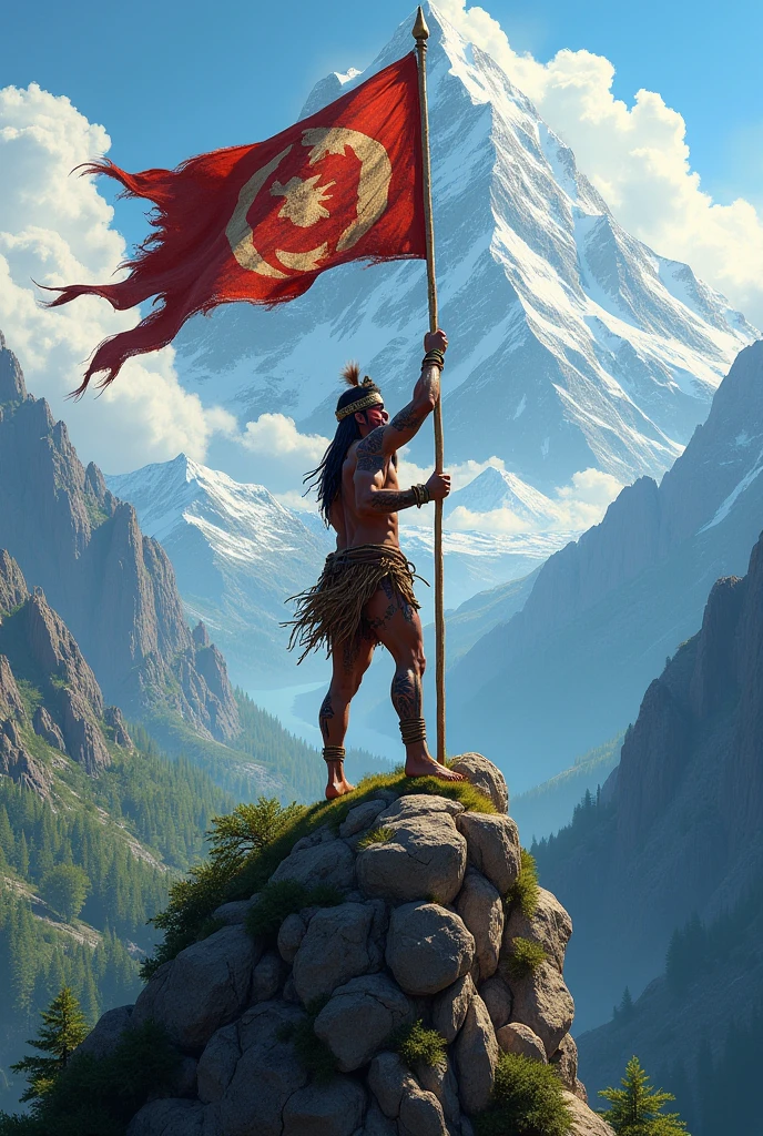 A Mapuche at war raising a Mapuche flag