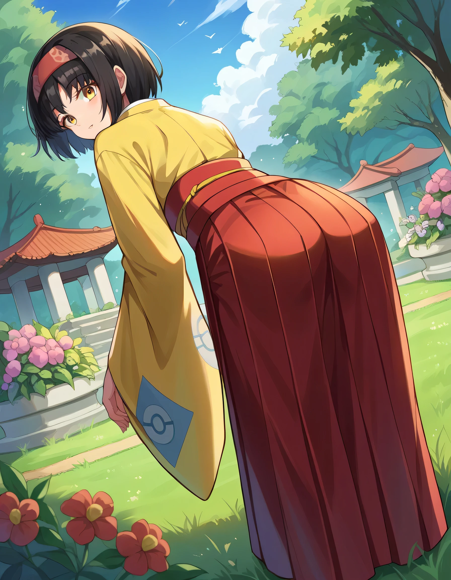 score_9, score_8_up, score_7_up, source_anime,
pokemonerika, pokemonerika, yellow eyes, black hair, headband, short hair,
japanese clothes, kimono, hakama, red hakama, long sleeves, wide sleeves,
outdoors, garden, flowers, grass,
looking at viewer, cowboy shot, dutch angle, from below, bent over, butt,goddess ,satisfied