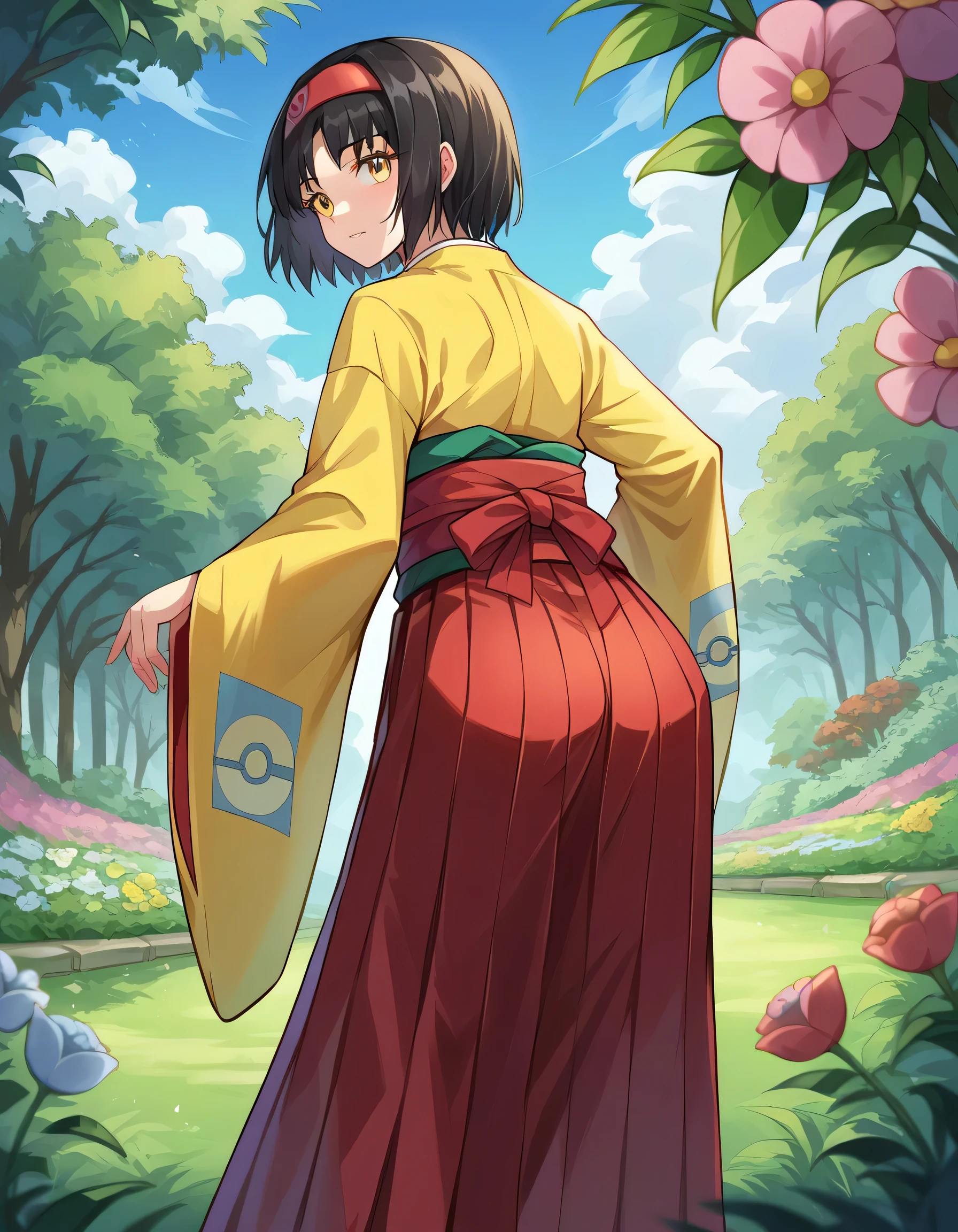 score_9, score_8_up, score_7_up, source_anime,
pokemonerika, pokemonerika, yellow eyes, black hair, headband, short hair,
japanese clothes, kimono, hakama, red hakama, long sleeves, wide sleeves,
outdoors, garden, flowers, grass,
looking at viewer, cowboy shot, dutch angle, from below, bent over, butt,goddess ,satisfied 