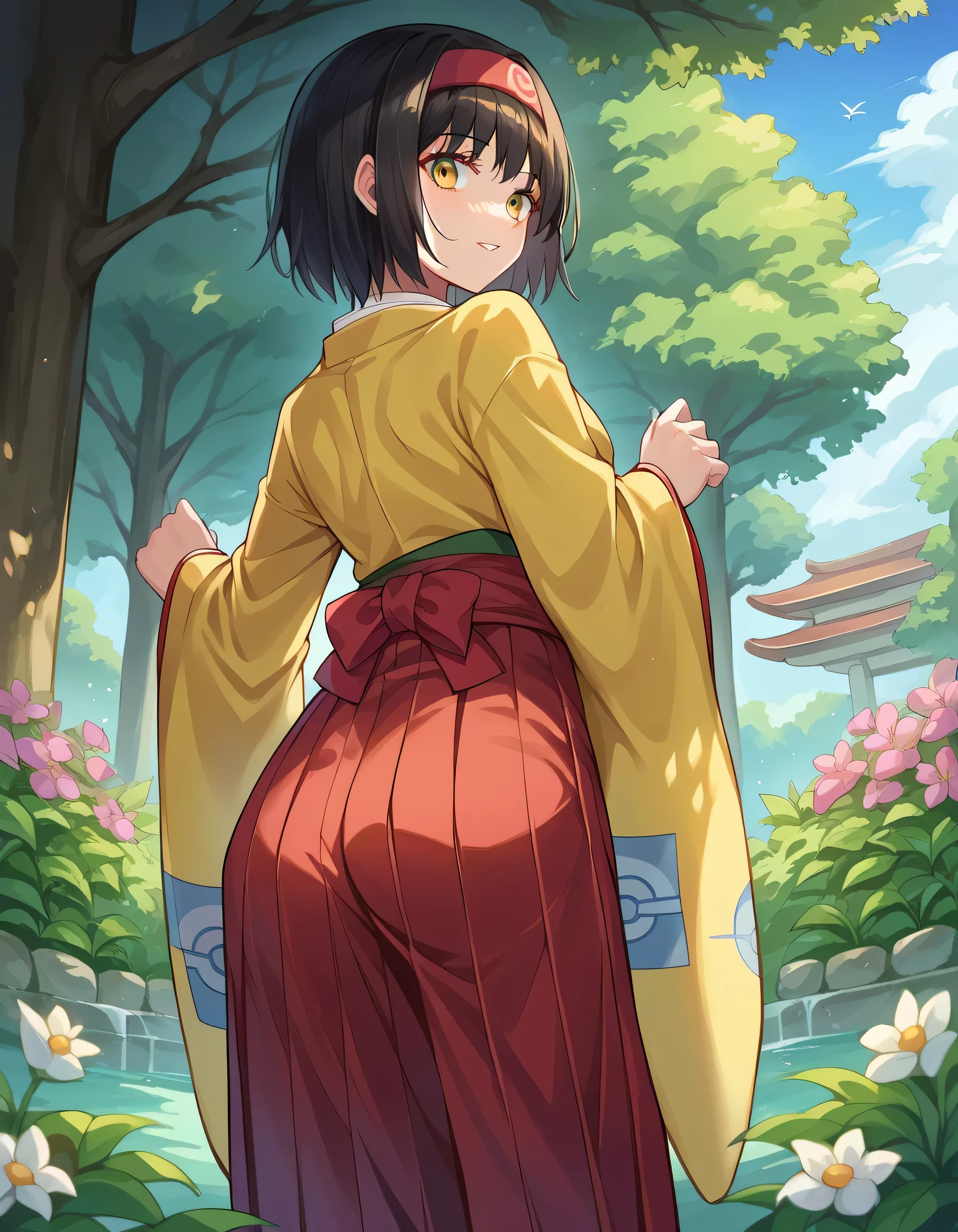 score_9, score_8_up, score_7_up, source_anime,
pokemonerika, pokemonerika, yellow eyes, black hair, headband, short hair,
japanese clothes, kimono, hakama, red hakama, long sleeves, wide sleeves,
outdoors, garden, flowers, grass,
looking at viewer, cowboy shot, dutch angle, from below, bent over, butt,goddess ,satisfied