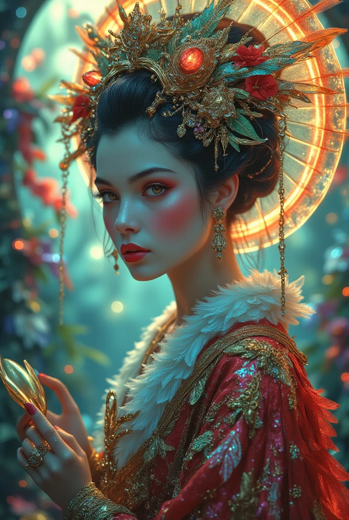 Rococo, 8K, ethereal geisha, elegant, teenager, beautiful, highly detailed,  digital art, Jean-Baptiste Monge style, bright, beautiful, splash, Brilliant, cute and adorable, filigree, rim lighting, radiance, extremely, magical, surreal, fantasy, digital art, wlop, artgerm and james jean, sf, intricate art masterpiece, sinister, matte painting, movie poster, golden ratio, cgsociety trending, confusing, epic, artstation trending, by artgerm, h . R. Giger and Beksinski, highly detailed, vivid, production cinematic rendering of characters, super high quality model, center, symmetry, painted, complex, volumetric lighting, beautiful, rich masterpiece of deep colors, sharp focus, ultra detailed