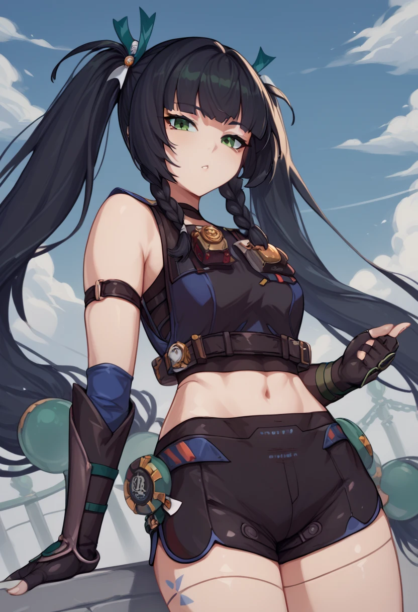 core_9, score_8_up, score_7_up, score_6_up, score_5_up, score_4_up, source_anime, qingyiSDXL,1girl,long hair,gloves,bare shoulders,twintails,very long hair,green eyes,braid,black hair,black shorts,black gloves,fingerless gloves,black twin braids,black crop top,short shorts,black shorts,joints