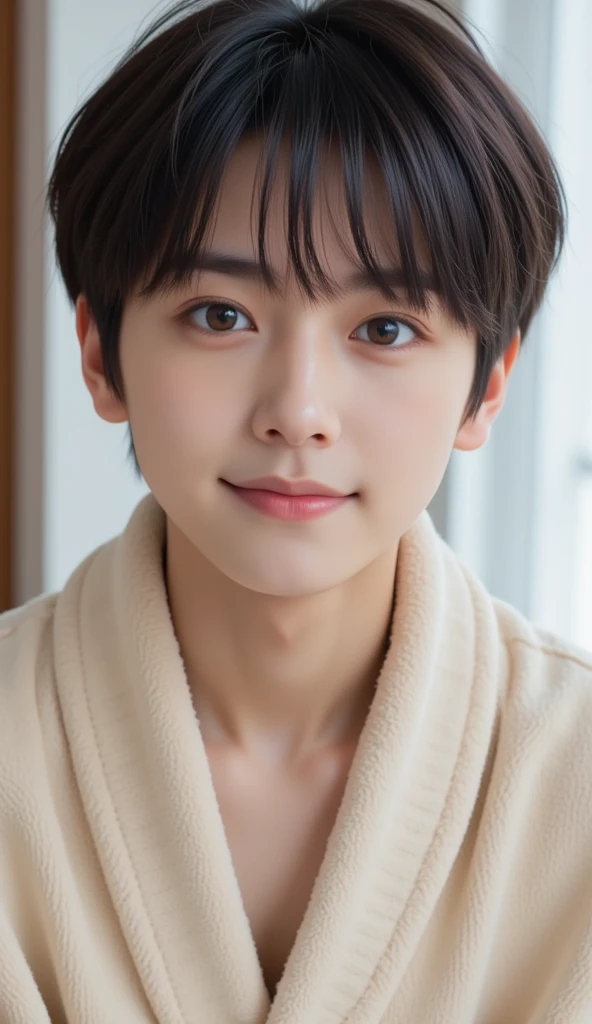 handsome mix korean japanese ************, boy, short black hair, black detailed eyes, gentle smile, sharp eyebrows, round face, cool, detailed face, small nose, in beige bathrobe, facing left side