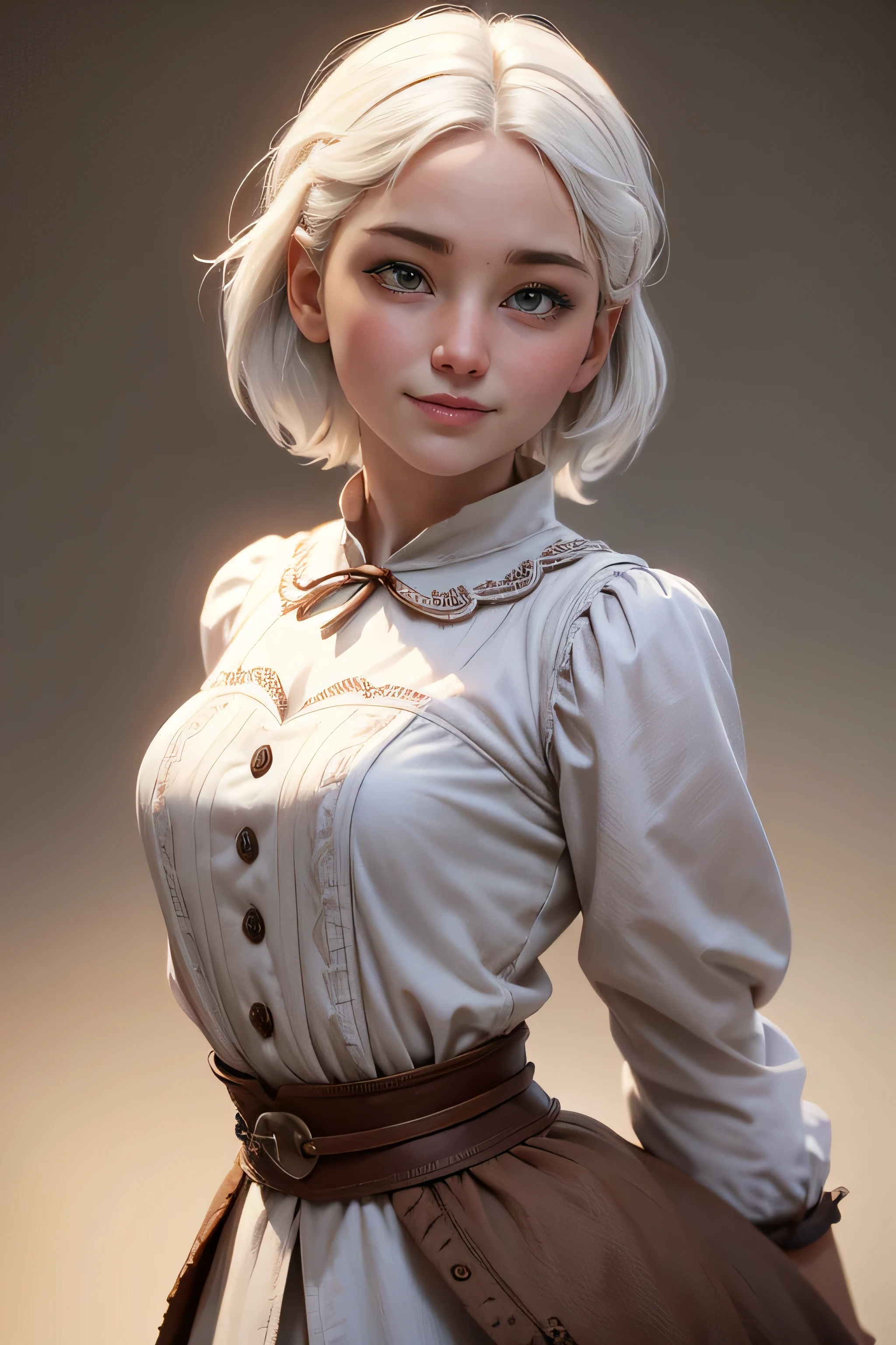 Peasant woman from "Chronicles of Narnia ", short white hair, brown eyes, Dynamic Pose , Expression happiness, Iluminación natural, ultra resolution , plain white background , without patterns, No textures.