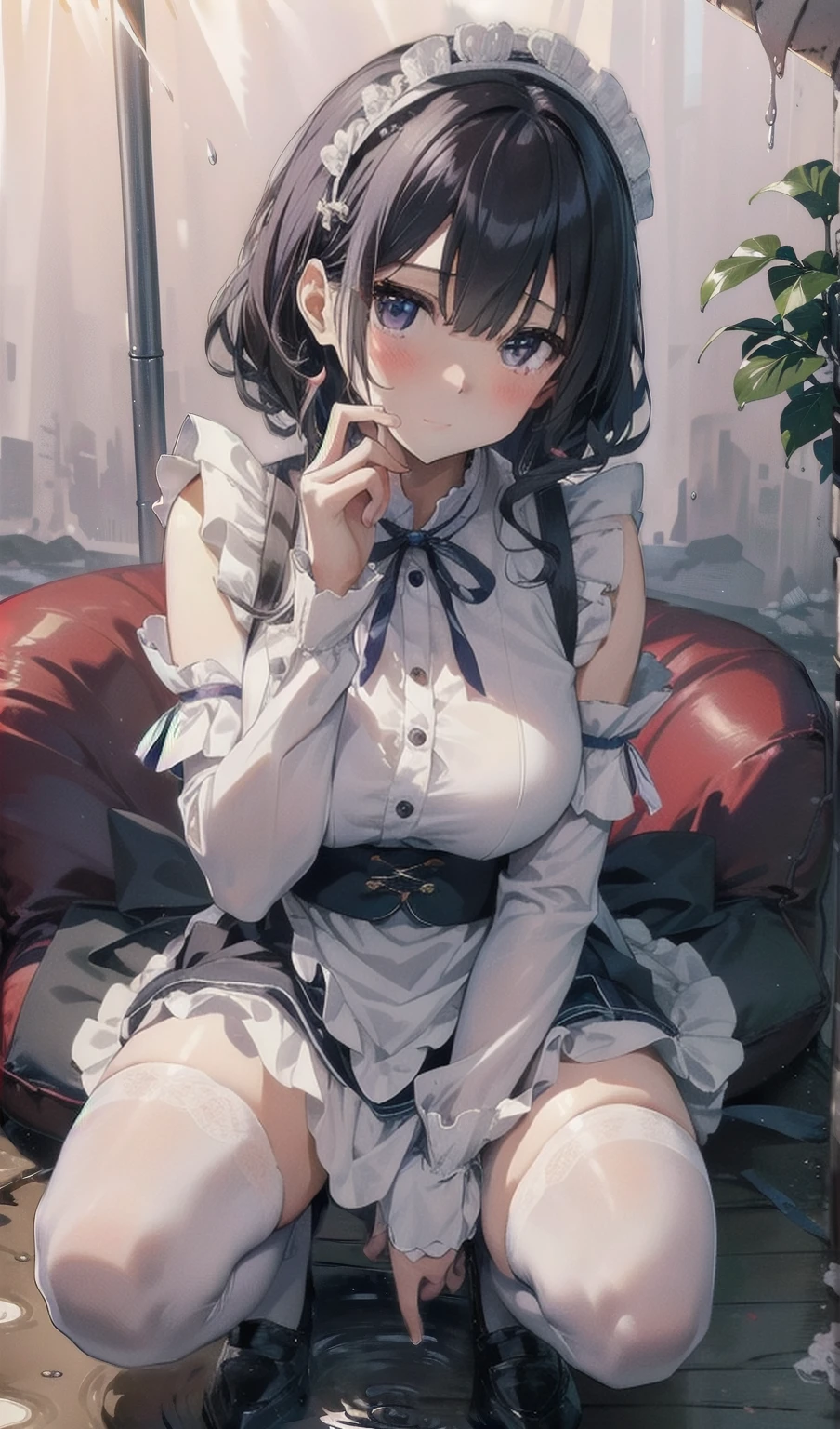 (masterpiece:1.6, highest quality), ((Ultra-high resolution、Very delicate、Optimal Configuration、beautiful light shines、unity 8k wallpaper, beautiful3Dアニメーション))、((beautiful, fine grain: 1.2)), Extremely detailed CG, (Perfect hands, Perfect Anatomy),
((hyoudou michiru, solo, fake animal ears, black thighhighs, maid headdress, detached sleeves, black skirt, white apron, sleeveless shirt, white shirt, red ribbon, frilled apron)),
Extremely detailed eyes、Clear Eyes、beautiful肌、Fair skin、bright、Vibrant colors、Very cute, Detailed face, Detailed skin, Detailed clothing, Detailed fingers, Toned Legs,Small waist、Attractive thighs、Amazingly thin legs、Incredibly slim thighs、beautiful太もも、 Moisturized lips, Sweaty,
(Open your mouth、The inside of the mouth is wet with white saliva、A little bit of white juice is overflowing from the mouth.),
Plump big breasts,Amazingly large breasts、beautiful胸、beautiful胸の形、Pointed Chest、The tip of my chest is popping out、(((Sweaty and attractive cleavage,Spread your legs 120 degrees to the sides and squat down over a puddle with a diameter of 20 cm)))、Ecstatic face、
garter、レッグgarter、Knee-high socks、Ultra mini skirt、Maid costume cosplay、The second and third buttons of the shirt are undone、Red collar、One shoulder exposed、
Shyness、A gesture of desire、Open your mouth、Very shy、(((I'm so embarrassed my cheeks are flushed:1.5)))、Embarrassed and bitter、
Shooting from below、Stylish cafe、bright街中、The whole body is visible、