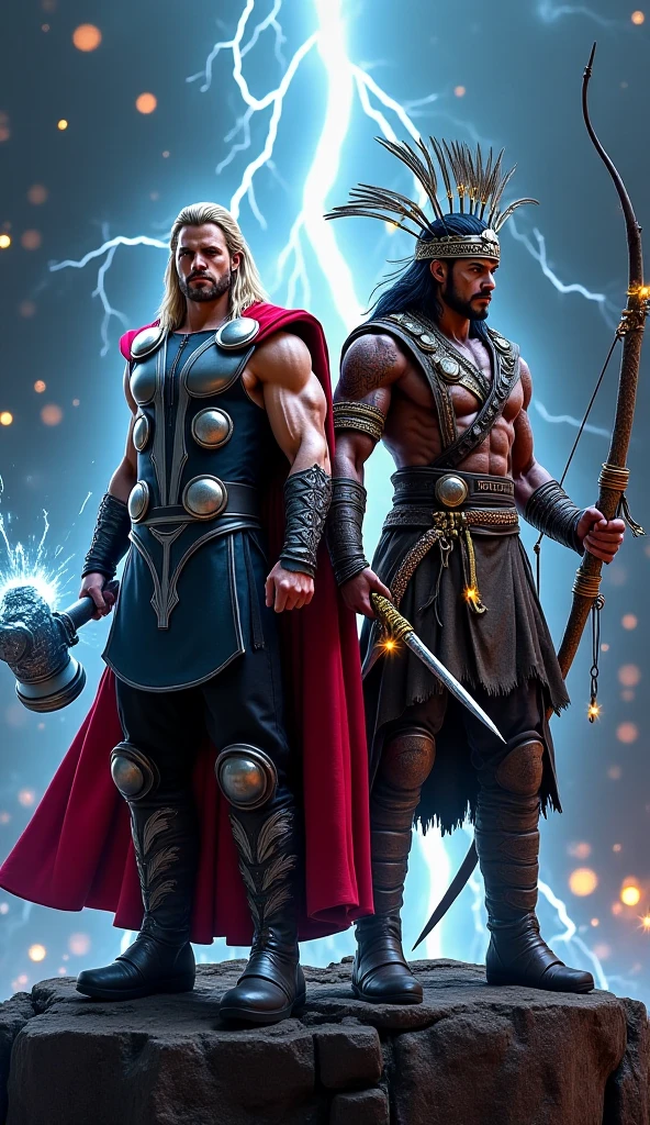 Make a muscular man with messy brown hair wearing brown medieval style pants, his body is full of blue demonic symbols this one has blue energy, and do it by fighting a long-haired, blond muscle man with red demonic symbol tattoos, This one has red power energy, and he wears black pants and black boots  