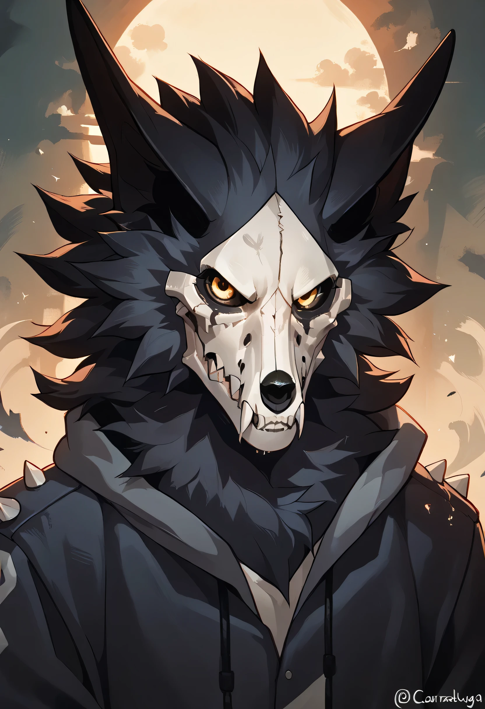Score_9, Score_8_Up, furry, Break, Source_Anime, (1 man, Alone), canine penis, Perfect Body, Thin, Fluffy Black Fur, Wolf Skull, Cadaver Skulldog, glowing yellow eyes, pinning pov