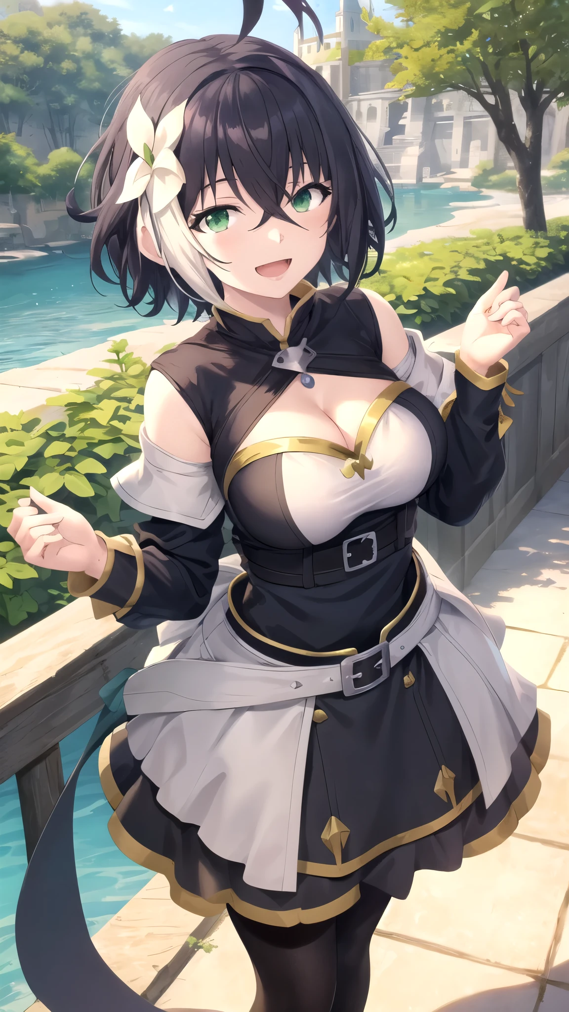 Masterpieces, Best Quality, looking at viewer, girl, solo, naofumi_iwatani, black hair, green eyes, short hair, hair between eyes, large breasts, princess connect re dive cosplay, princess Dress, standing, smile, open mouth, outdoors 