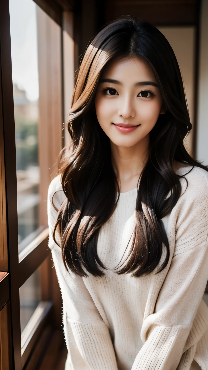 ( Highly Detailed CG Unity 8K Wallpaper , best quality , very detailed, look at the camera:1.2, light shines on the face:1.5, Gray background, professional lights ), Age 27, woman, Japanese , wavy hair length to shoulder , maroon hair in the garden, gentle heart-shaped face outline , soft eyebrows with natural arc , deep brown with big round eyes , Small straight nose, natural smile with rich lips , light accessory for stylish blouses and sweaters, Glowing, radiant skin