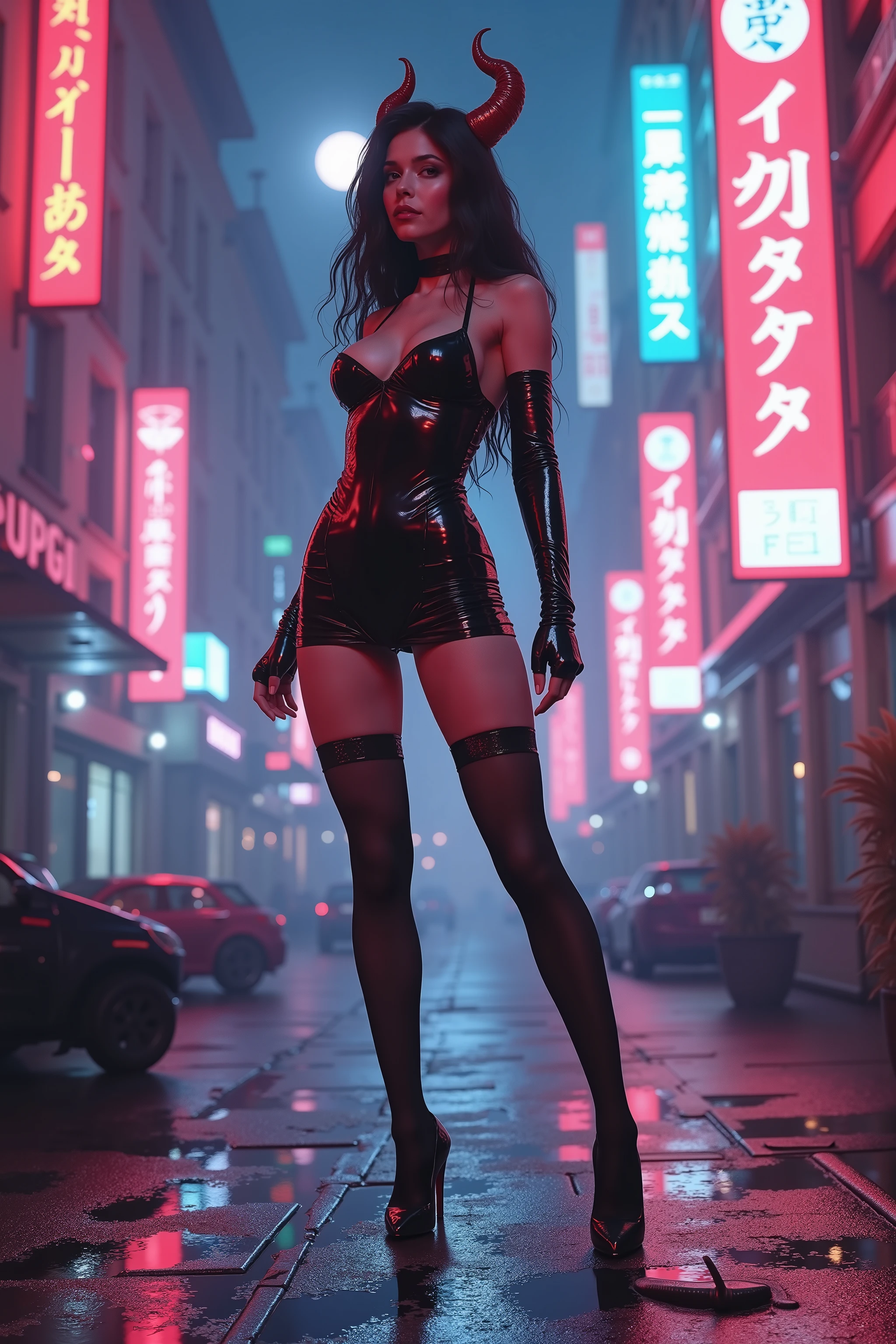 quality and details :
(8k, HD, ultra-detailed, realistic , masterpiece: 1.3), (Professional lighting, kinoreif, clear focus on the figure : 1.5), (strong colors, sharp details , flawless textures ).
scene and lighting :
A radiantly illuminated woman in a tight-fitting , black dress with Fine stockings take center stage in front of a big , glowing red moon .
The figure is bright : concealed , warm light sources put her in focus , surrounded by a delicate golden glow , that gently accentuate her silhouette .
Soft shadows and reflective light reinforce the plasticity of her body and the shiny textures of her outfit.
Character:
She is an elegant and seductive succubus , inspired by Lilith and cyberpunk aesthetics .
Her black, short dress, combined with red and black details , is highlighted by the light , which makes every fold and accent perfectly visible .
Your seductive look and dominating posture catch the light and glow almost .
atmosphere:
The background, with gothic and futuristic elements such as neon shimmers , remains in contrast to the perfectly illuminated figure .
Black and red color accents , which is reinforced by the bright main character , create a dramatic and gripping scene .
Inspired by Diablo 4 and Demonic anime girls , is the scene a mix of cyberpunk and medieval fantasy , with a clearly dominating bright figure in the foreground .