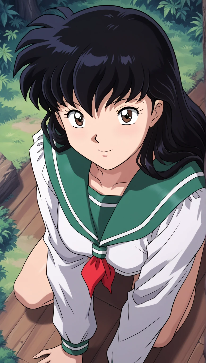  score_9,  score_8_above,  score_7_above,  score_6_above,  score_5_above,  score_4_above, BREAK,   source  _animated, 1 girl, Kagome Higurashi, blows,  black hair,  wide hair,  brown eyes,  long sleeves, falda pliSada, serafuku, aboveper body, smile, Alone , forest background,  crouched on all fours, best view 