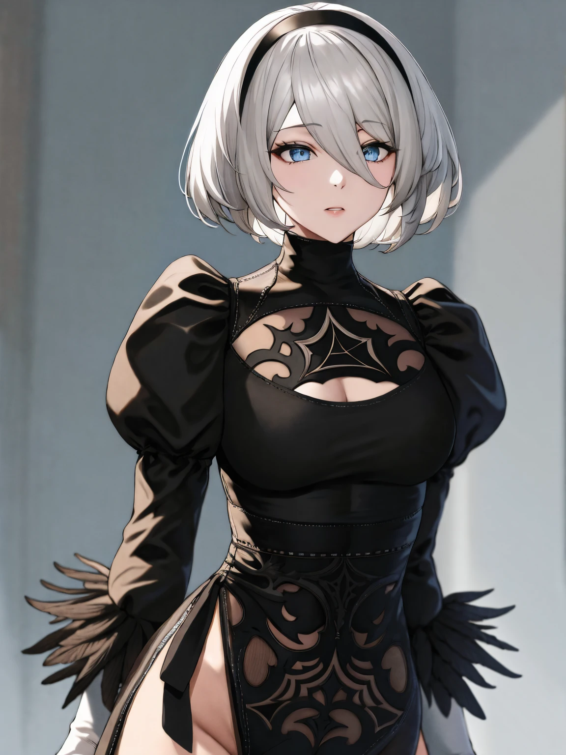 masterpiece,best quality,high resolution,8k,ultra HD,wallpaper,illustration,beautiful detailed eyes,perfect face,cowboy shot,beautiful detailed eyes,extremely detailed face,perfect lighting,extremely detailed CG,perfect hands,perfect anatomy,perfect body,perfect hands,perfect fingers,1woman,full body,,(muscle fighter:1.1),silver bob hair, blue eyes,large breasts,Medium ass,,black mourning style dress with skirt,white panty,clothed,,looking at viewer,sexy look pose,,Steam,sweat,1person,,(NieR:Automata),collarbone,