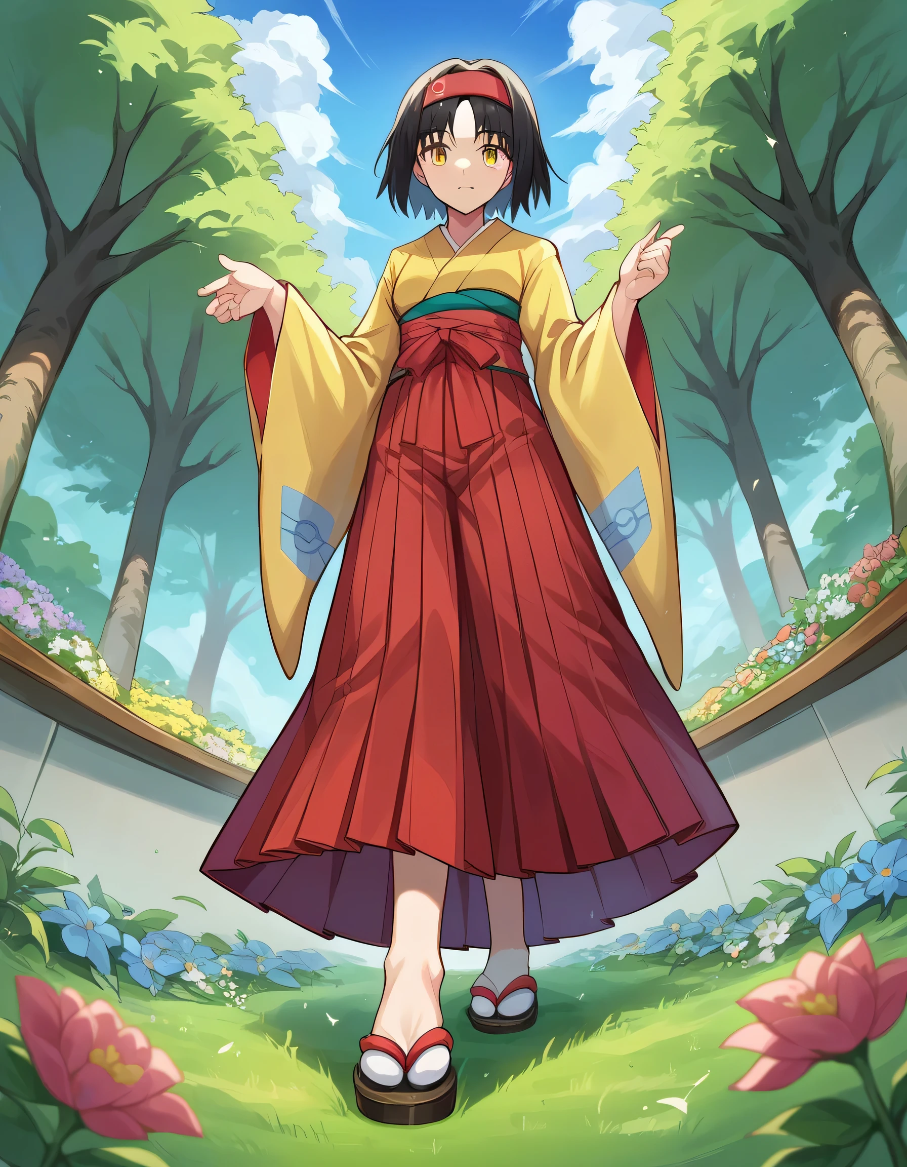 score_9, score_8_up, score_7_up, source_anime,
pokemonerika, pokemonerika, yellow eyes, black hair, headband, short hair,
japanese clothes, kimono, hakama, red hakama, long sleeves, wide sleeves,
outdoors, garden, flowers, grass,
looking at viewer, cowboy shot, dutch angle, from below,goddess ,satisfied, under her foot. From under her feet, stepping on viewers, close-up of foot