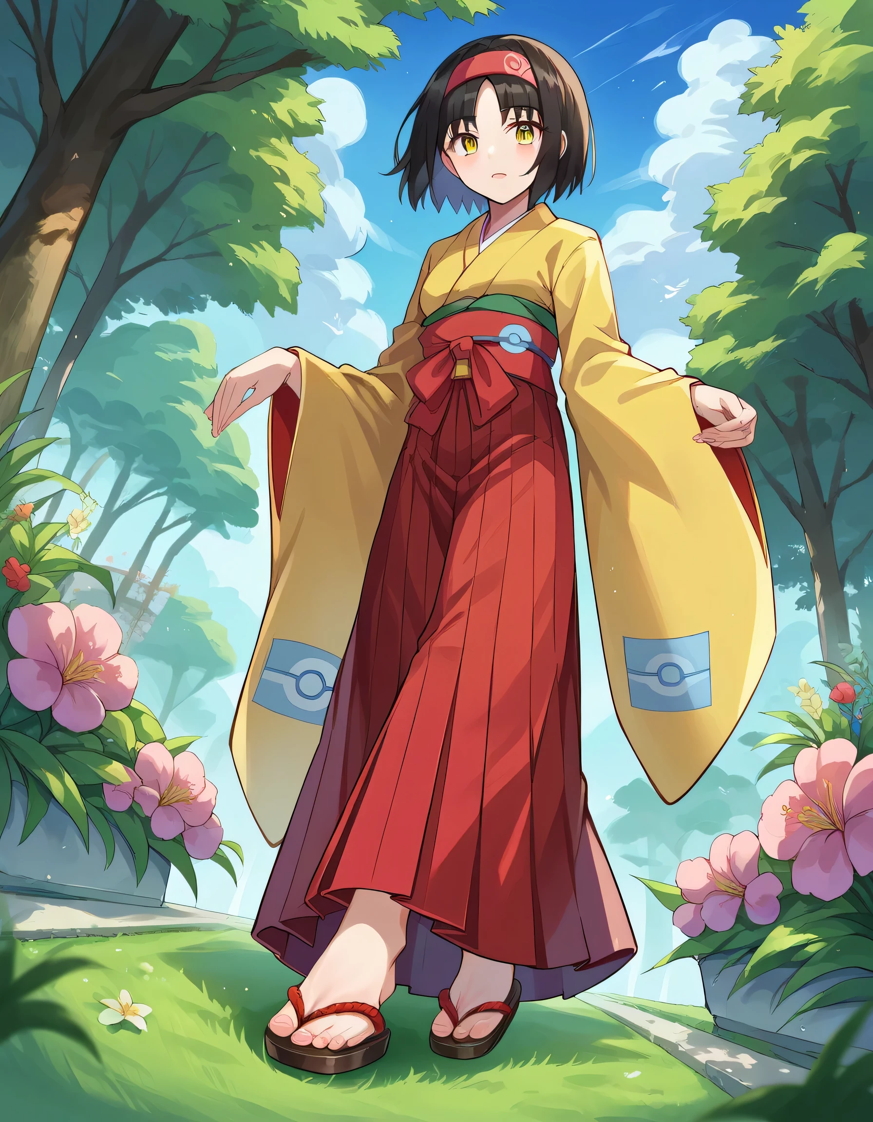 score_9, score_8_up, score_7_up, source_anime,
pokemonerika, pokemonerika, yellow eyes, black hair, headband, short hair,
japanese clothes, kimono, hakama, red hakama, long sleeves, wide sleeves,
outdoors, garden, flowers, grass,
looking at viewer, cowboy shot, dutch angle, from below,goddess ,satisfied, under her foot. From under her feet, stepping on viewers, close-up of foot