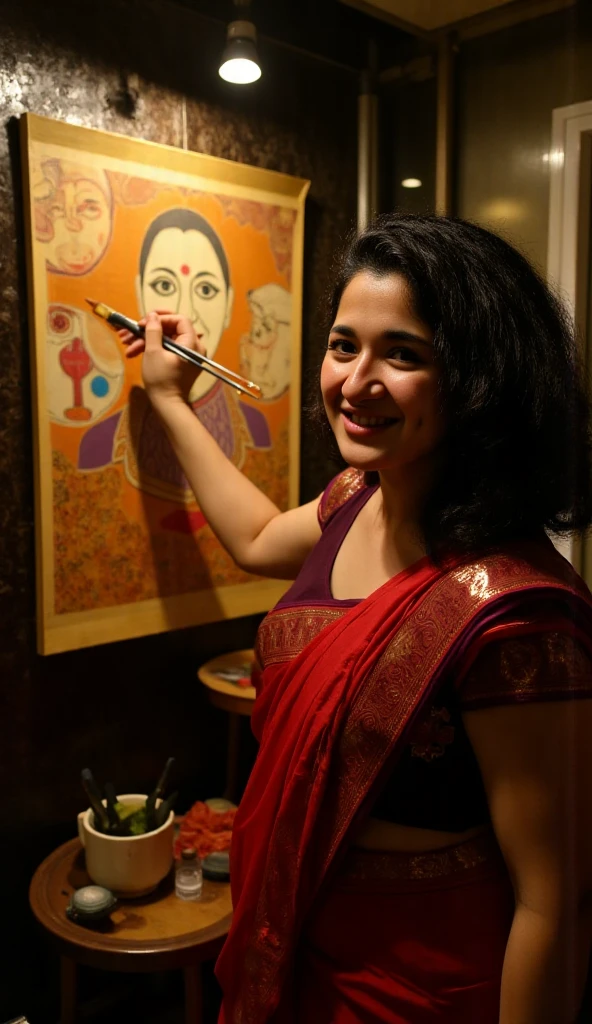 A malayali woman posing as an artist who is painting an abstract painting, curly hair,curvy body, wearing designer saree and blouse,dramatic lighting, rebrandt style lighting arrangement
