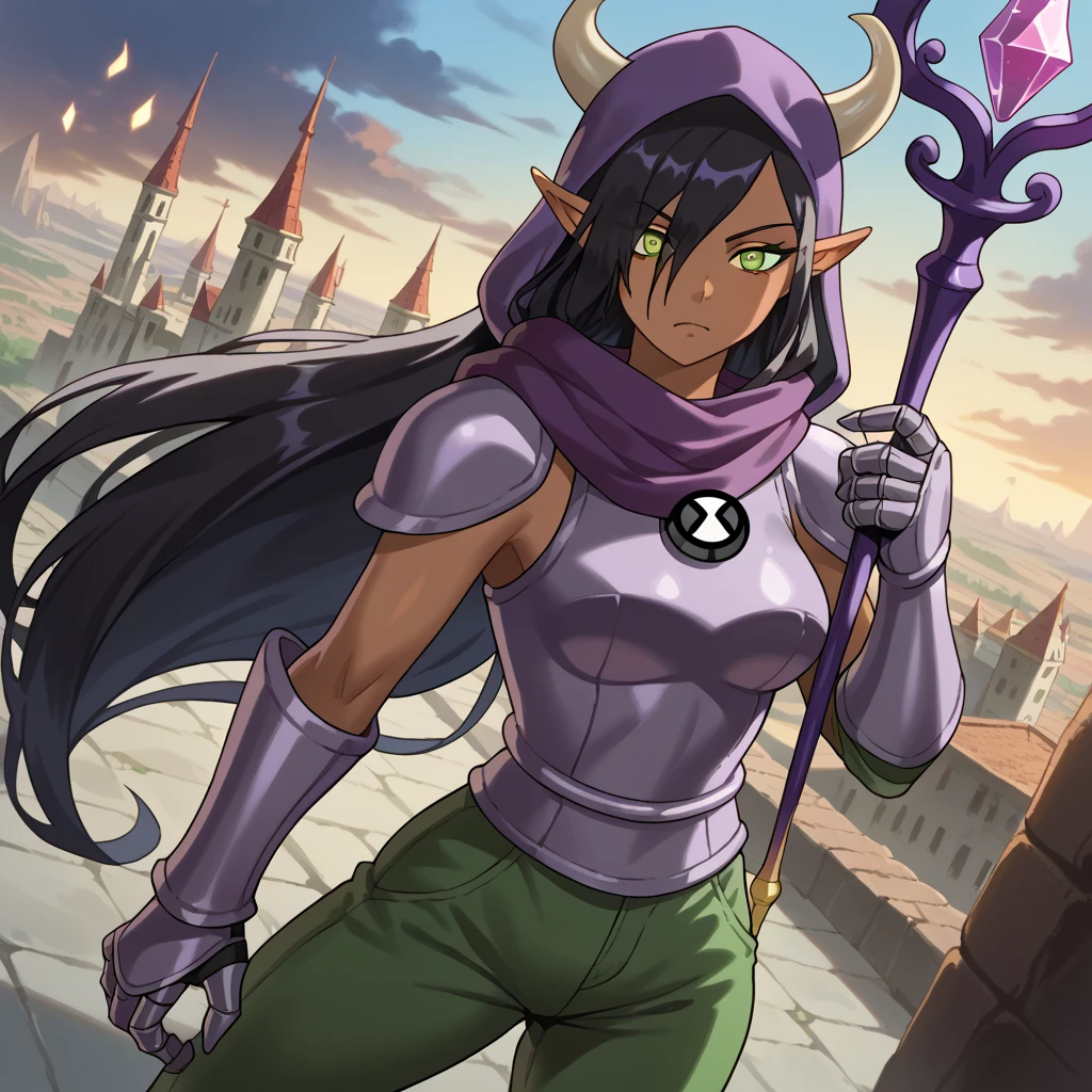 score_9, score_8_above, score_7_above, source _animated, Olgadiscordia , Olga Discord, long hair, black hair, green eyes, very long hair, pointy ears , dark skin , hair over an eye , hembra de dark skin , elf, dark elf, outdoor, urban landscape, looking at the viewer , Dutch angle, cowboy shot, purple hood , ninja scarf, túnica, bull horns, coming out of each shoulder, metal gauntlets, bear claw, Big boobs,   purple armor, túnica, long pants, green pants 1 woman, metal armor, dark metal, tucnica de maga, black metal armor, ben10, magic scepter, long scepter, scepter in hand, bocas tapada