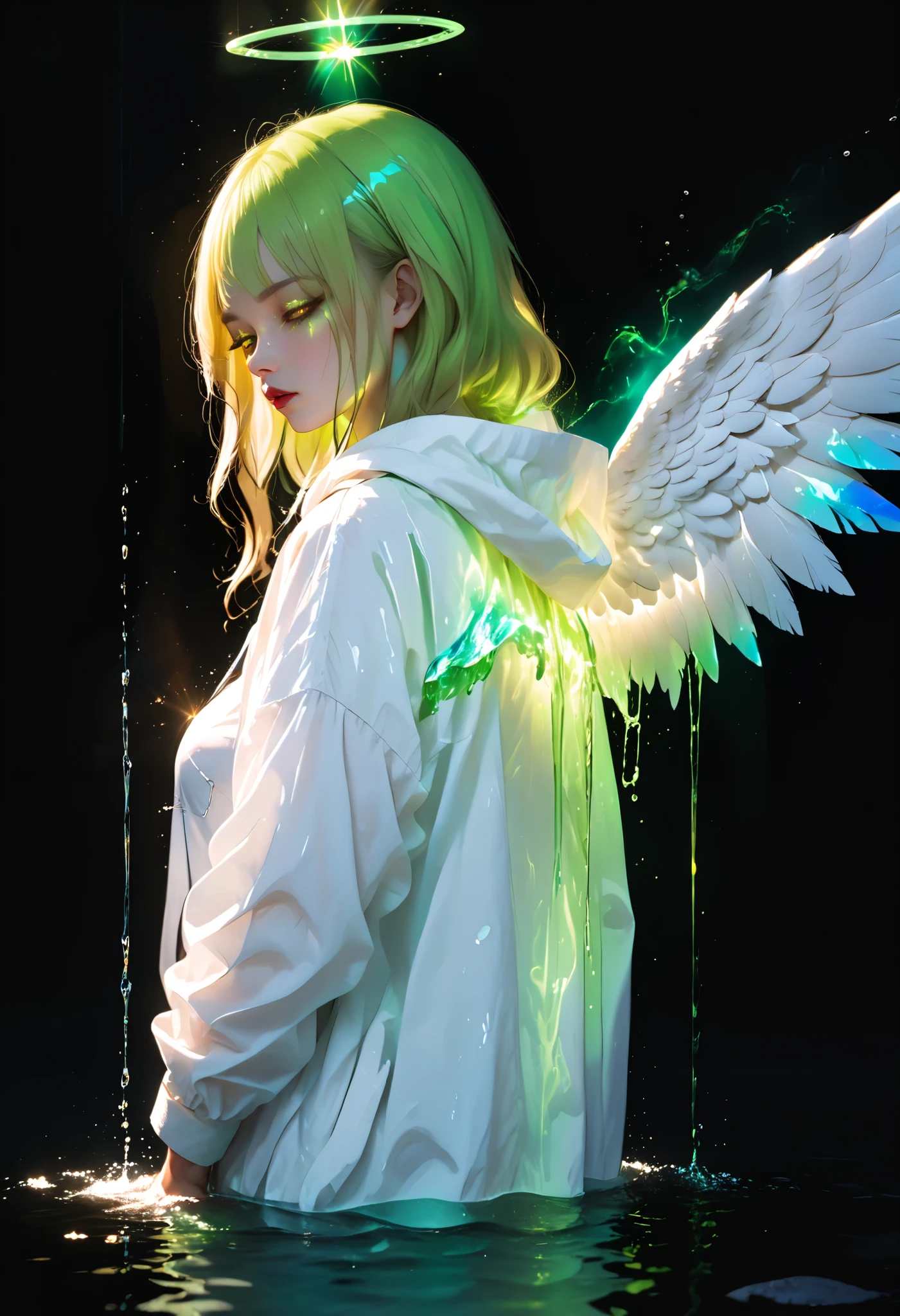  beautiful blonde woman ,   red eyes,  hood, light gold hair ,  painful,    dark circles under her eyes due to lack of sleep ,  sensual plump lips ,  body aesthetics , thin and slim ,  light skin ,  half-turned from the back, turned around, Big angel wings , rainbow halo ,  stands up to your chest in glowing neon green water, water is poison ,  neon green liquid glows brightly ,  neon green aura , glare of light, refraction of rays , Black magic , witchcraft, black background 