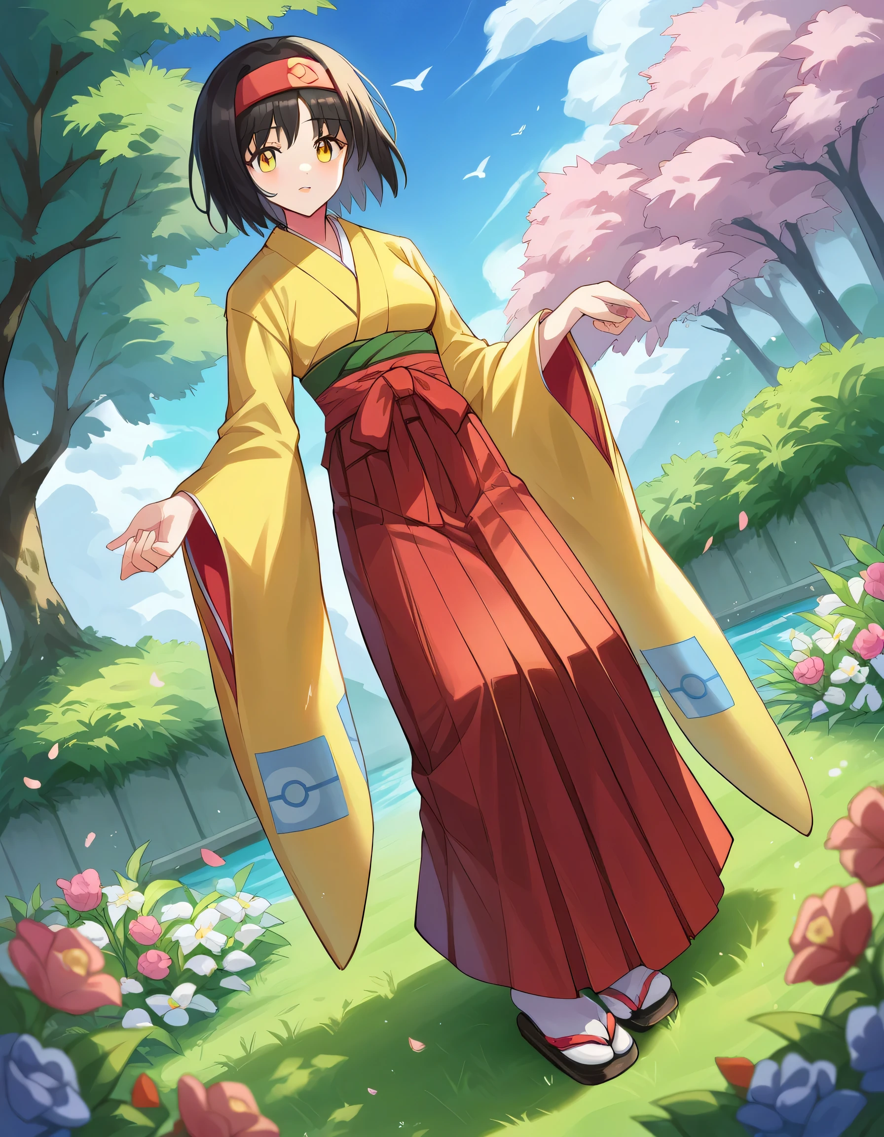 score_9, score_8_up, score_7_up, source_anime,
pokemonerika, pokemonerika, yellow eyes, black hair, headband, short hair,
japanese clothes, kimono, hakama, red hakama, long sleeves, wide sleeves,
outdoors, garden, flowers, grass,
looking at viewer, cowboy shot, dutch angle, from below,goddess ,satisfied, under her foot. From under her feet, stepping on viewers, close-up of foot