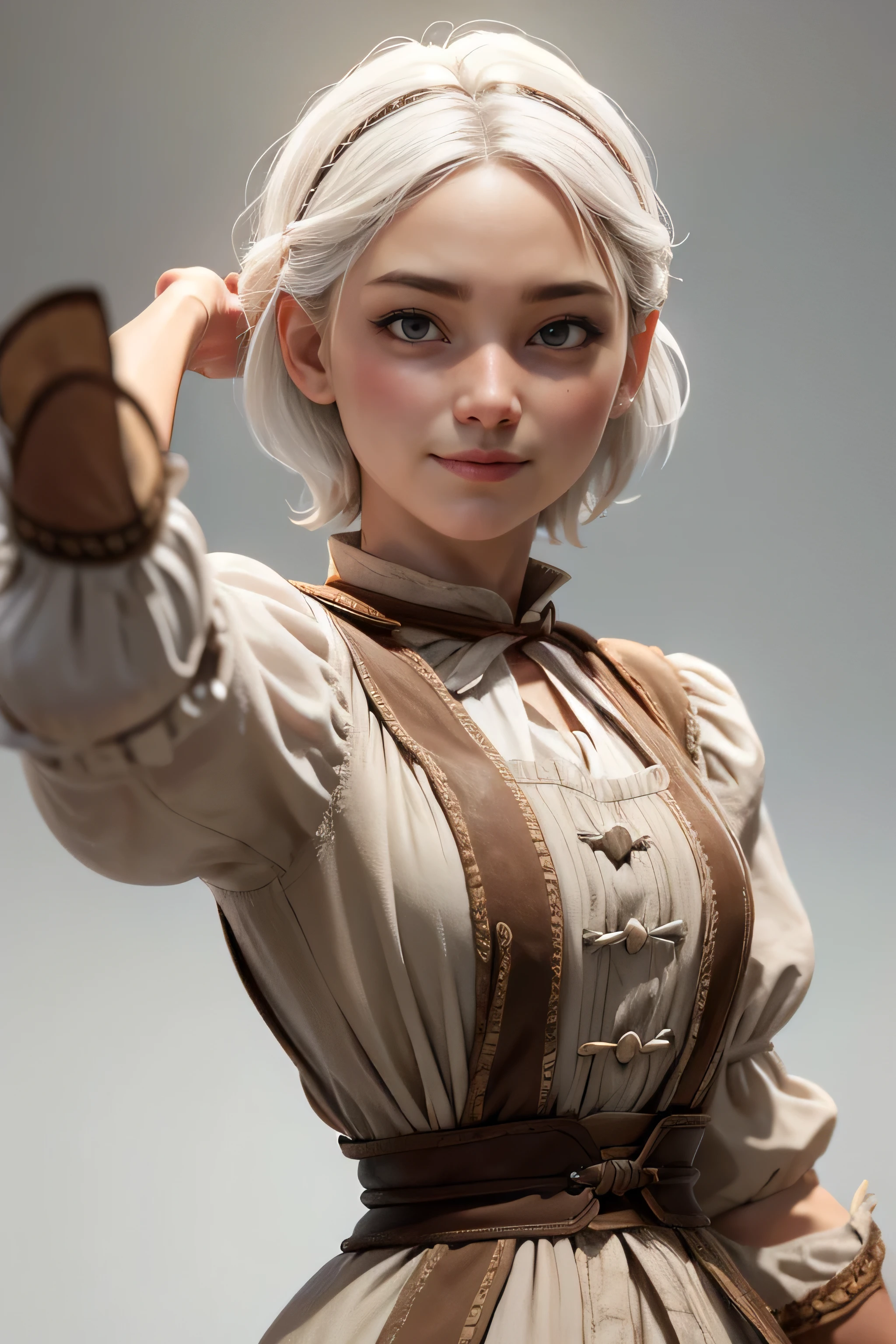Peasant woman from "Chronicles of Narnia ", short white hair, brown eyes, Dynamic Pose , Expression happiness, Iluminación natural, ultra resolution , plain white background , without patterns, No textures.