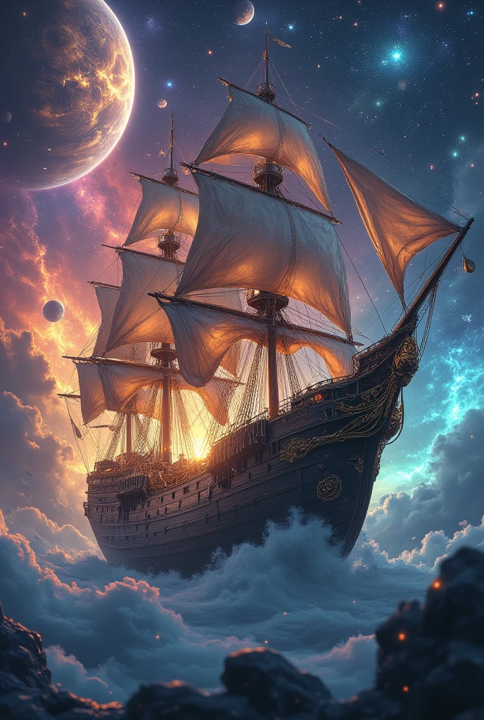 sailing ship floating through space, dreamlike, planets, nebulas