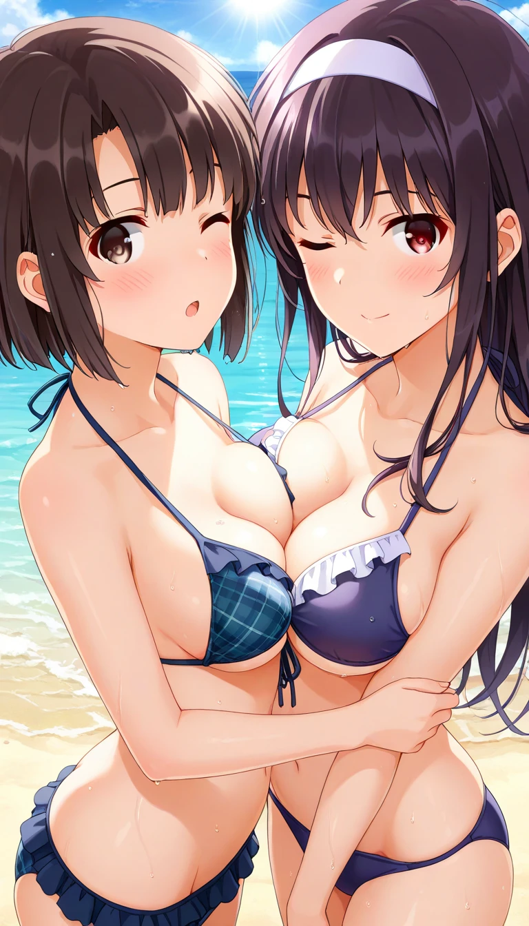 ((Highest quality)), ((masterpiece)), (detailed),Perfect Face,Strong light from the front,With front light,Two fully nude  sisters kneel on a nudist beach, standing with their backs straight, hands on their hips, legs apart, showing the camera a close-up of their crotches,