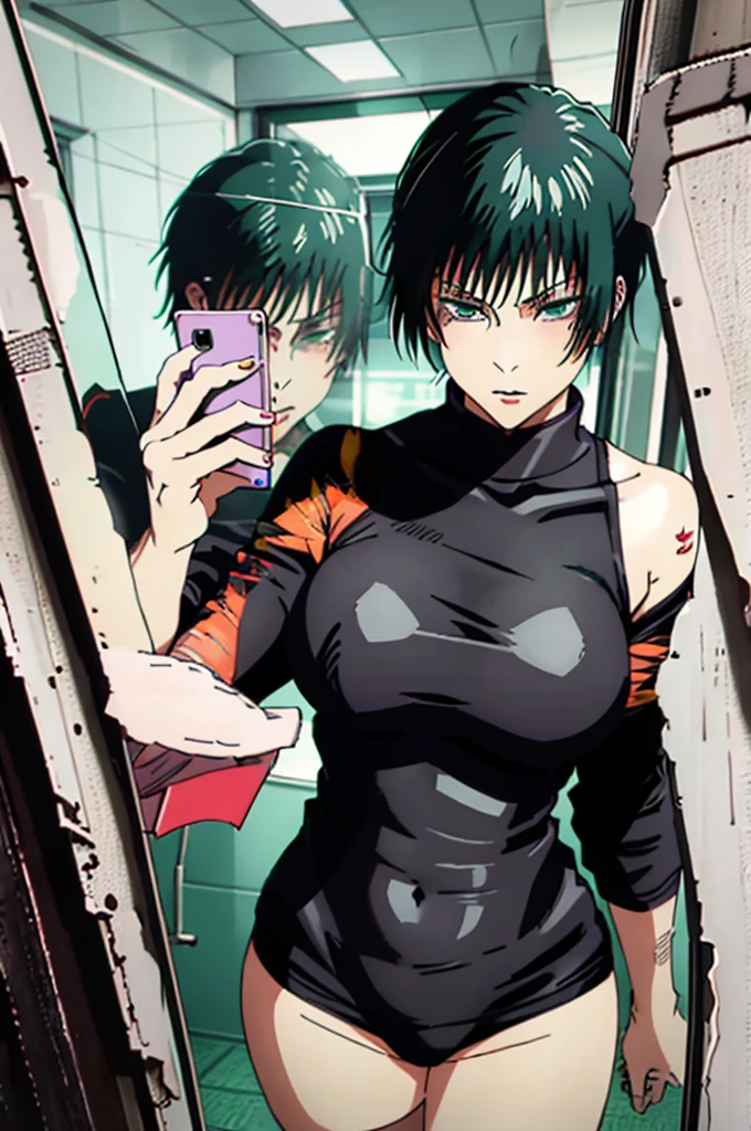 Maki Zenin black hair Big green medium large breasts healed abdomen thick thighs big in front of the mirror with cell phone in hand taking sexy photo