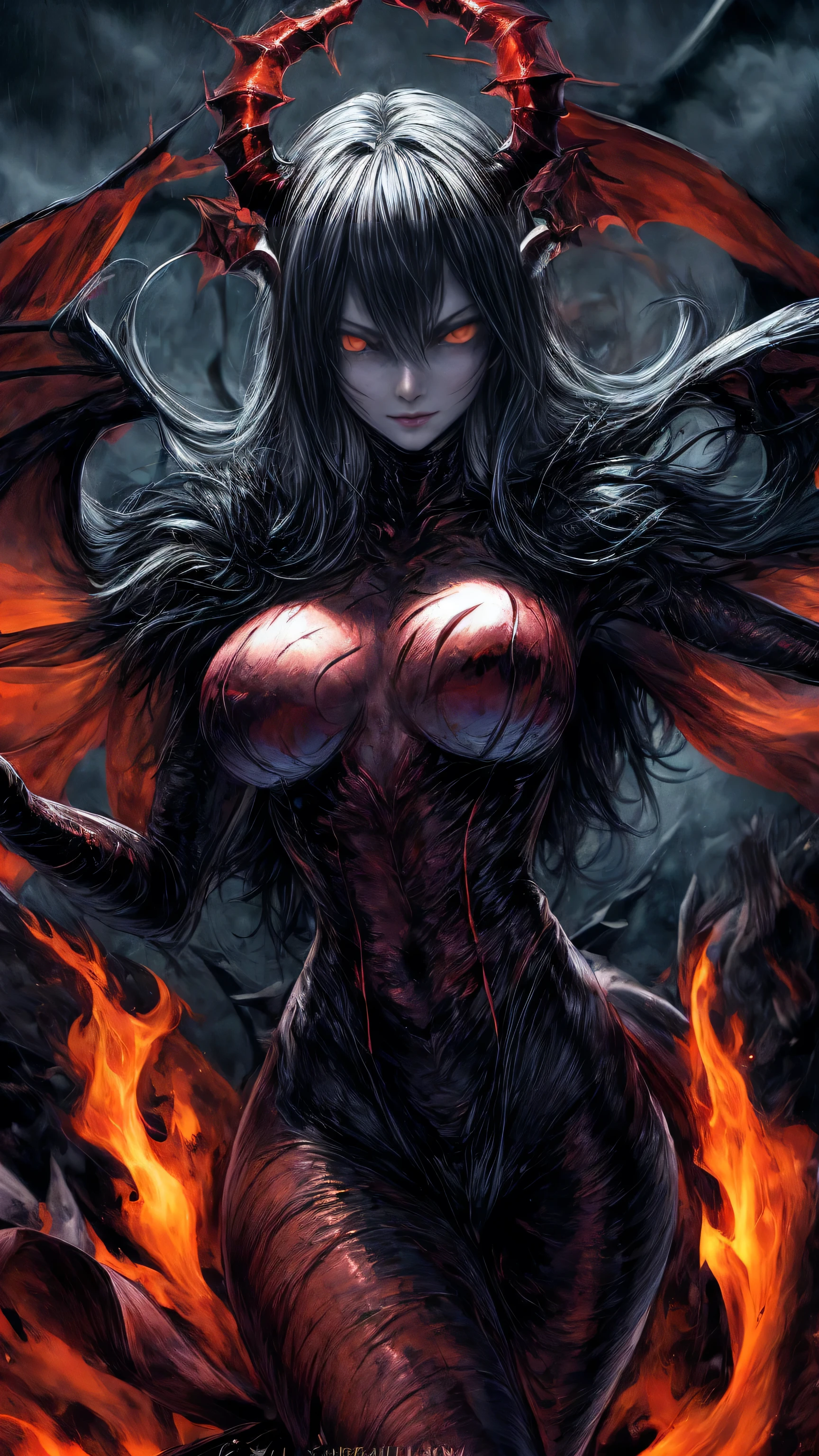 Storyboard, masterpiece, highest quality, dragonlady queen, perfect demoness, long legs, hourglass fugure, bright red glowing eyes, detailed eyes (1.4), scars on face, villainous expression, flaming skin body with bioluminescent glowing pattern, ready for battle, blurred stormy background, dark atmosphere, lighting in background,full body,