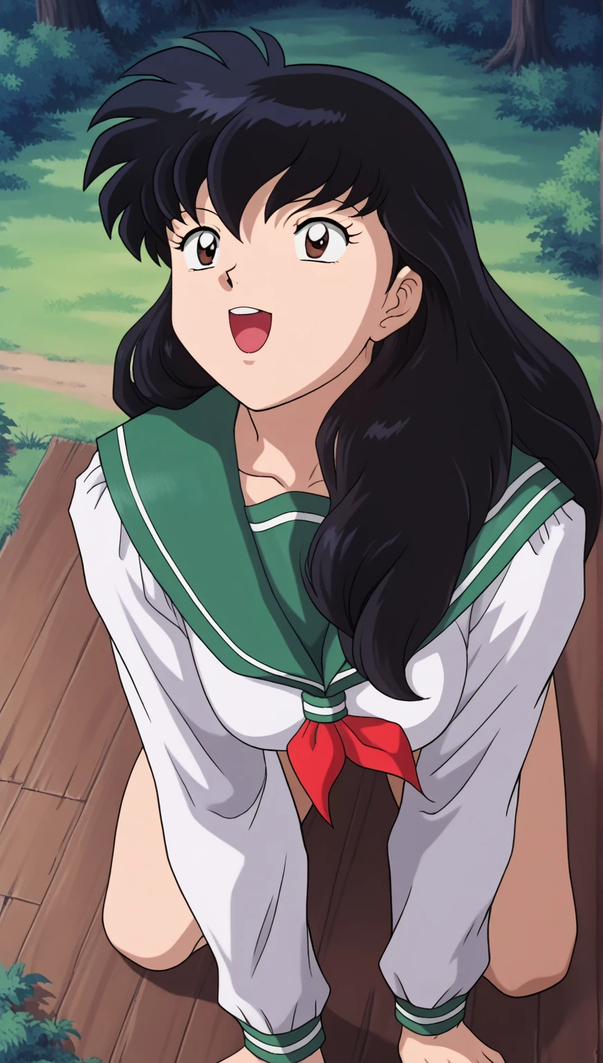  score_9,  score_8_above,  score_7_above,  score_6_above,  score_5_above,  score_4_above, BREAK,   source  _animated, 1 girl, {{ kagomehigurashi , blows,  black hair,  wide hair,  brown eyes,  long sleeves,  big bosom , falda pliSada, serafuku, aboveper body, smile,  Open mouth, Alone, forest background,  crouched on all fours,  nude, idiot, best view 