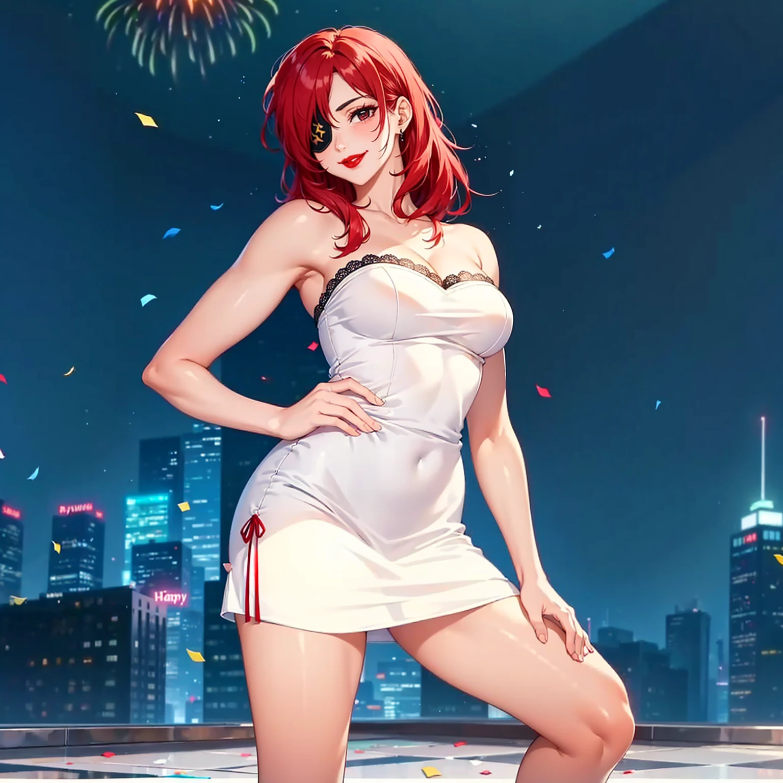 Red hair、firework、Night view,Suit with open chest,mini skirt, White shiny outfit, Tight suit, Beautiful Face, Detailed lips,