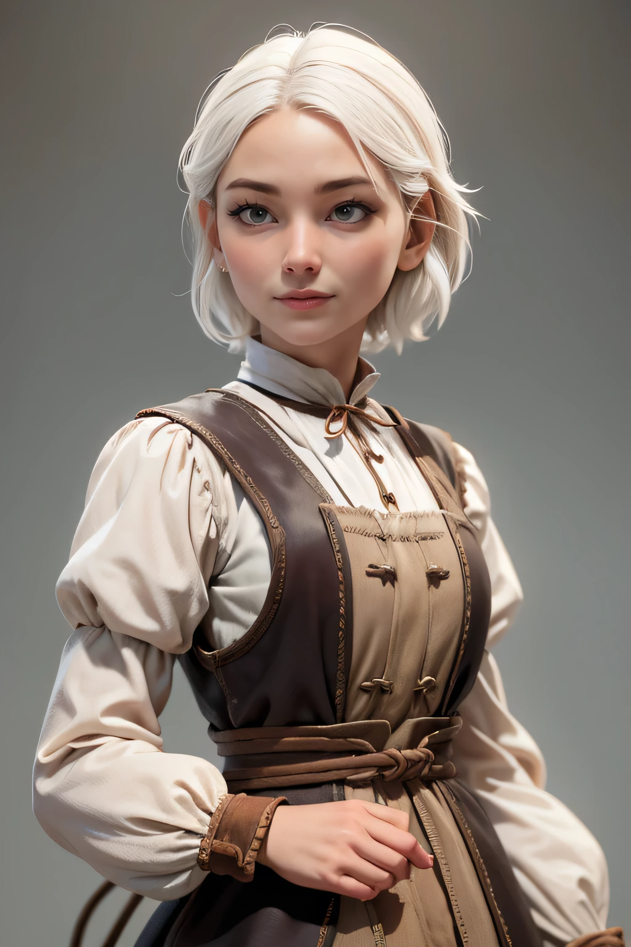 Peasant woman from "Chronicles of Narnia ", short white hair, brown eyes, Dynamic Pose , Expression happiness, Iluminación natural, ultra resolution , plain white background , without patterns, No textures.