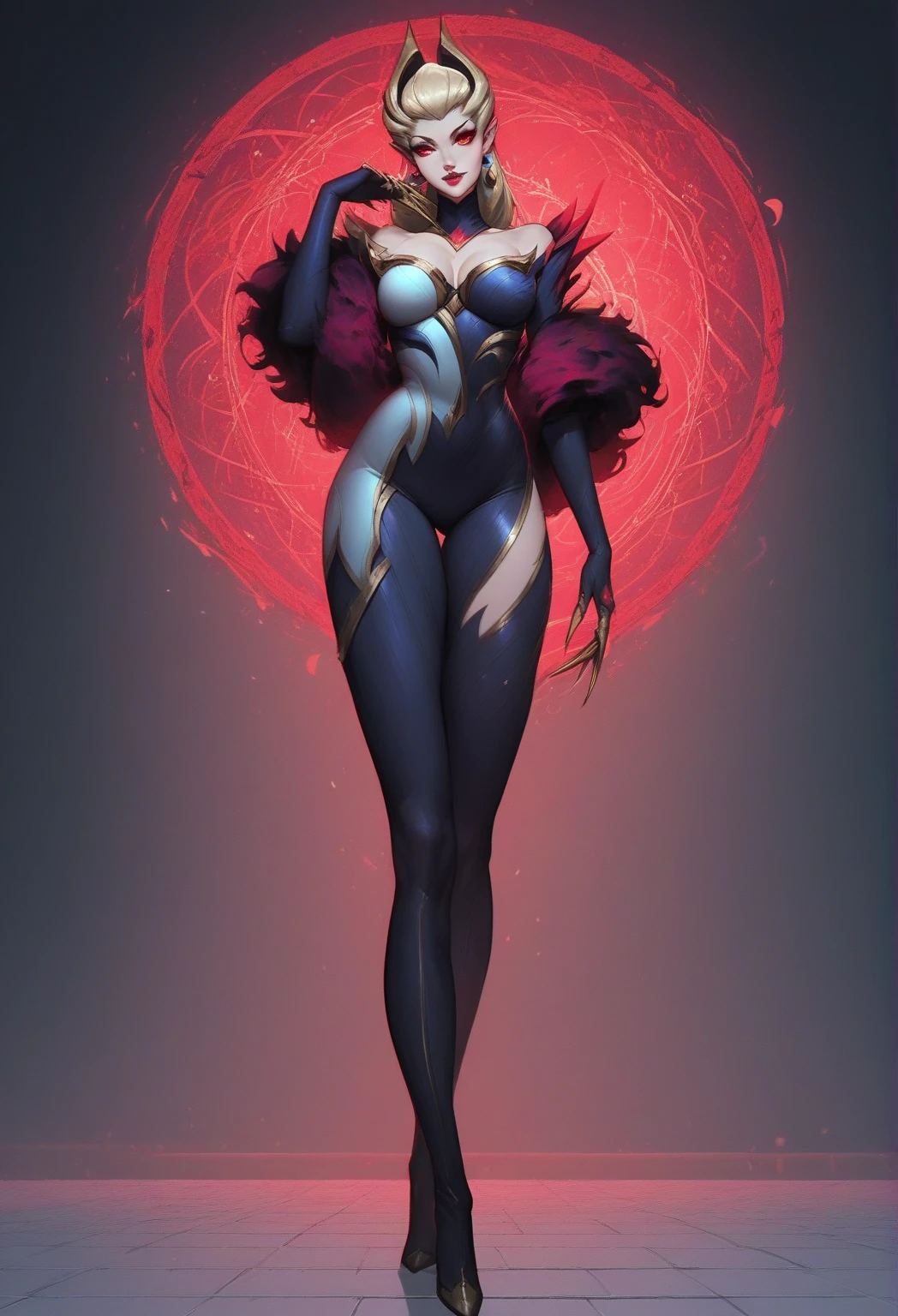 1sologirl standing straight symmetrical looking to viewer (((oni very blue skin, 2sheep short curled  horns, 2legs, 2arms, toned body six pack abs, white bob hair, happy red cheeks, full body portrait, butterfly wings winged))) (masterpiece, ultra detailed high quality, high resolution, best quality) barefoot bare arms, purple pinched eyes, bikini stockings sleeves tiara cape leather collar choker neck bell corset