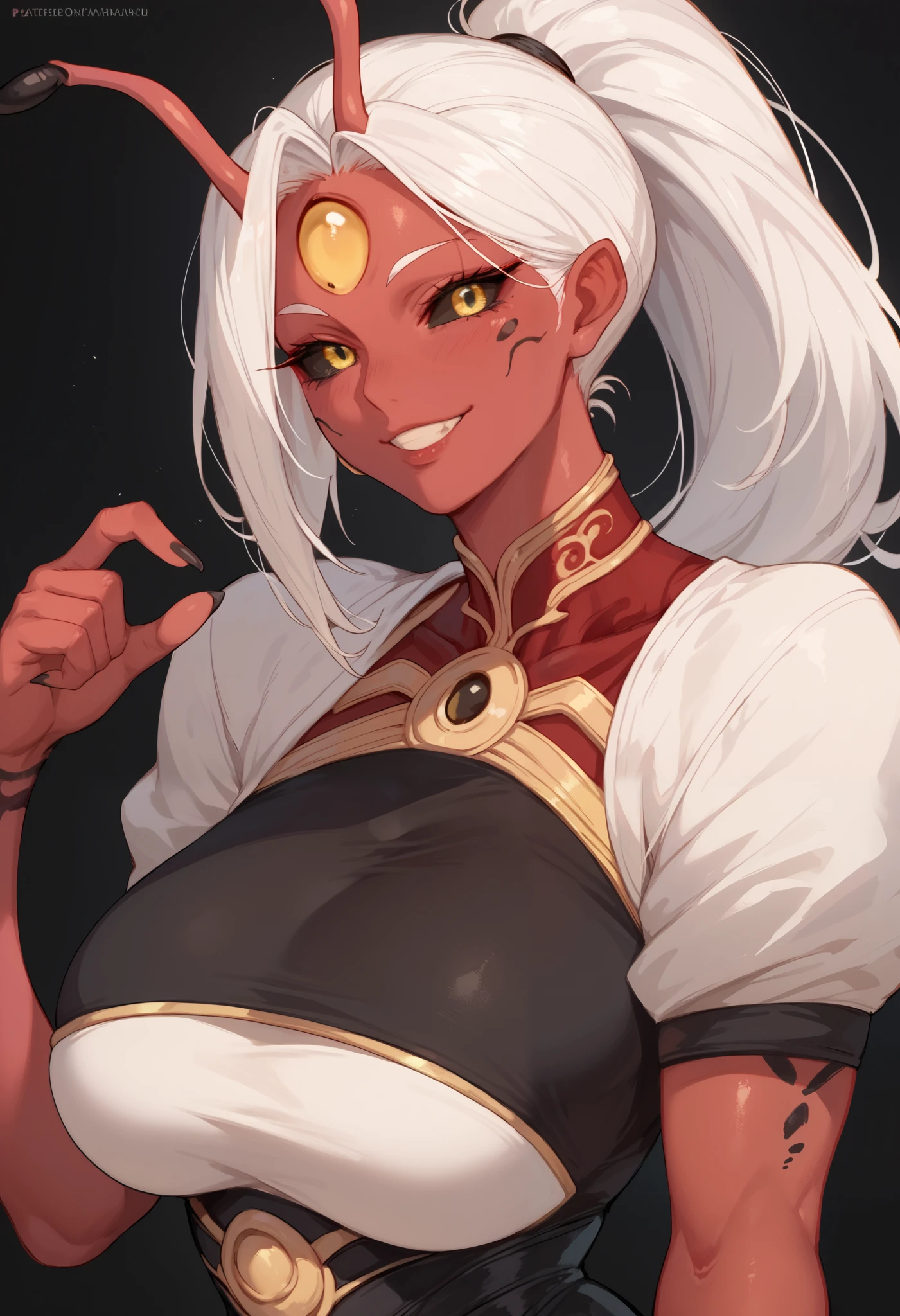 1 mature Woman, red skin, White hair, Four eyes , yellow eyes, black sclera, smiling,Alien clothes ,, anime style,Alien race ,Black marks on the body,Front ponytail,long insect antennae,