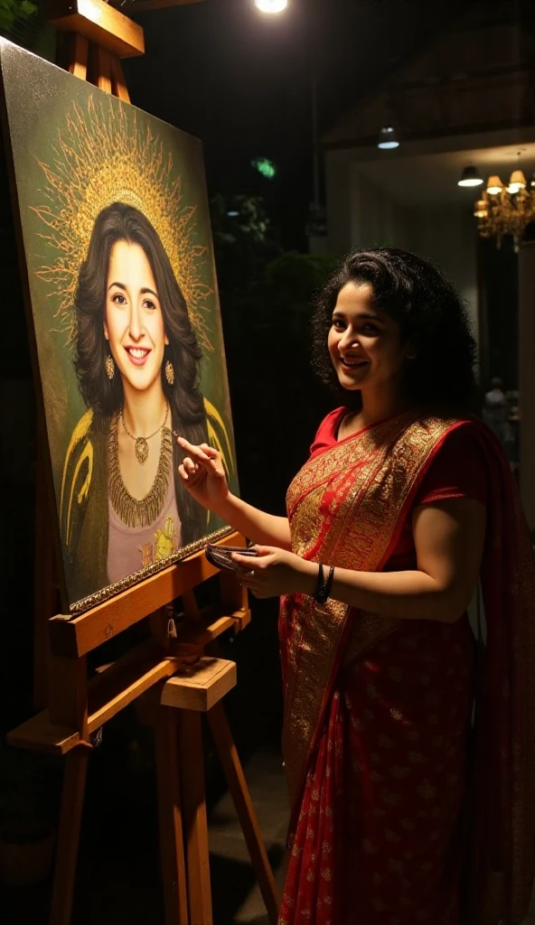 A malayali woman posing as an artist who is painting a rens picture, curly hair,curvy body, wearing designer saree and blouse,dramatic lighting, rebrandt style lighting arrangement
