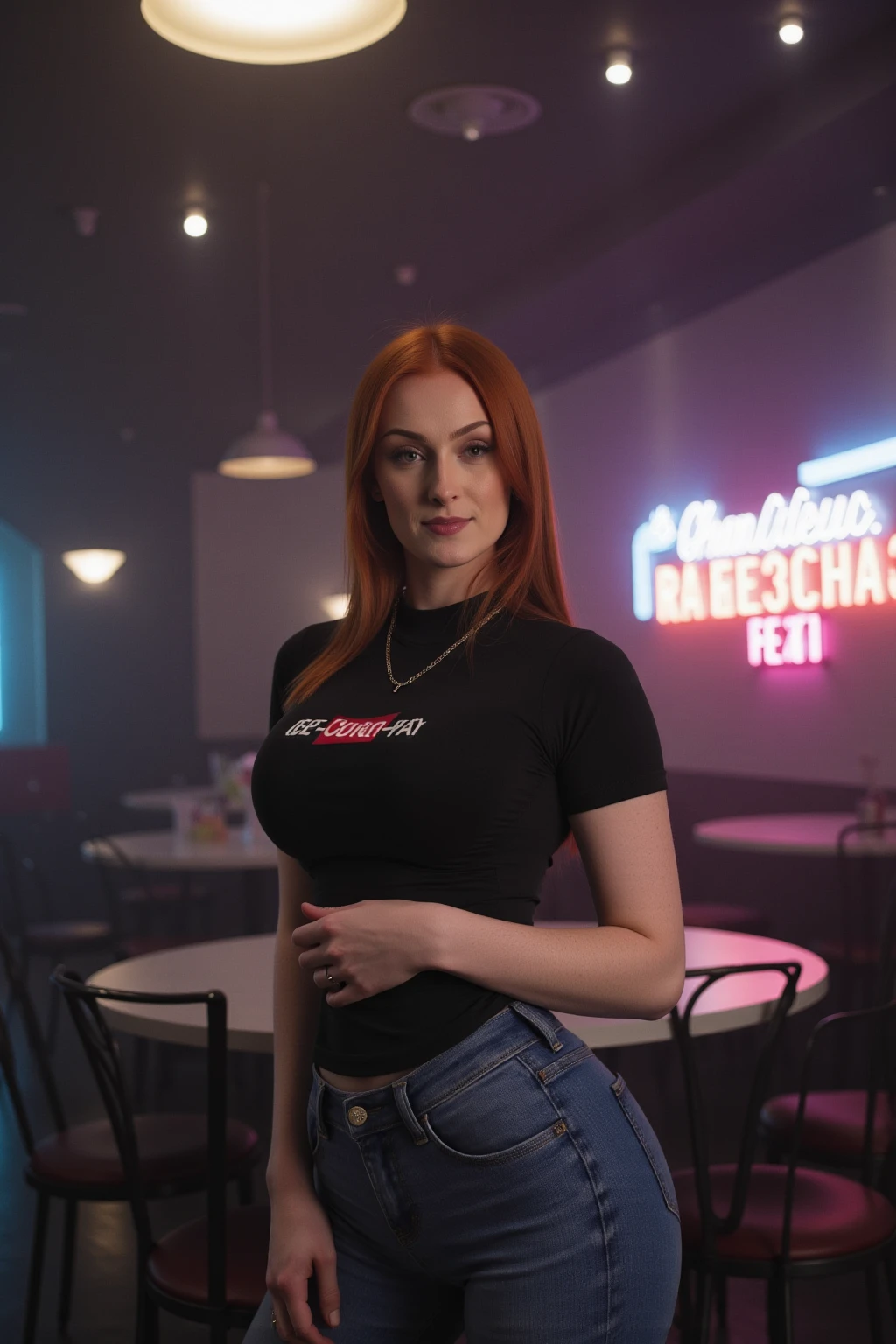 emmaleiah from USA, female, straight red hair, a woman wearing a tt0p and jeans, Cinematic photography, movie mood, cinematic light, compelling composition, storytelling elements, conveys emotion, mood, and narrative depth, creating visually striking images that feel like still frames from a film