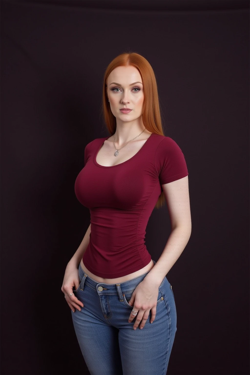 emmaleiah from USA, female, straight red hair, a woman wearing a tt0p and jeans, Cinematic photography, movie mood, cinematic light, compelling composition, storytelling elements, conveys emotion, mood, and narrative depth, creating visually striking images that feel like still frames from a film