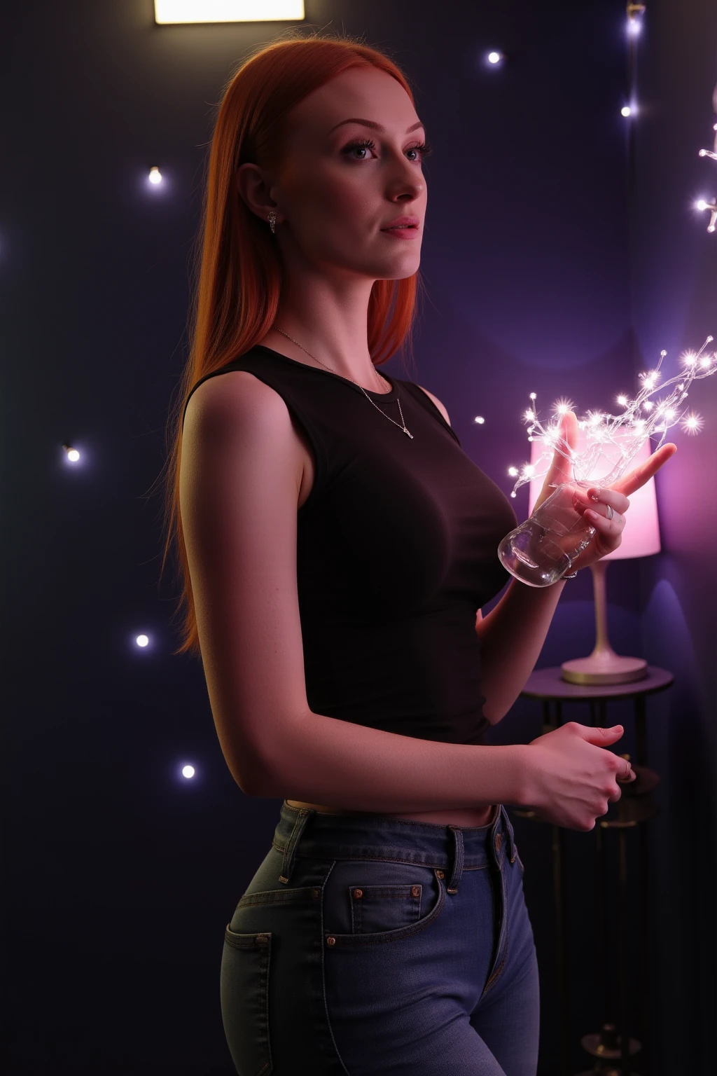 emmaleiah from USA, female, straight red hair, a woman wearing a tt0p and jeans, Cinematic photography, movie mood, cinematic light, compelling composition, storytelling elements, conveys emotion, mood, and narrative depth, creating visually striking images that feel like still frames from a film