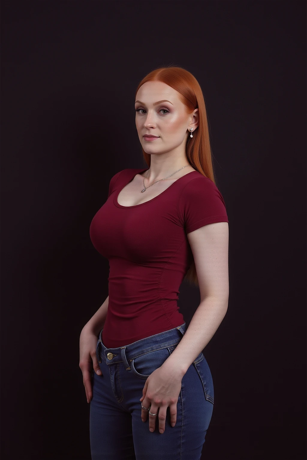 emmaleiah from USA, female, straight red hair, a woman wearing a tt0p and jeans, Cinematic photography, movie mood, cinematic light, compelling composition, storytelling elements, conveys emotion, mood, and narrative depth, creating visually striking images that feel like still frames from a film