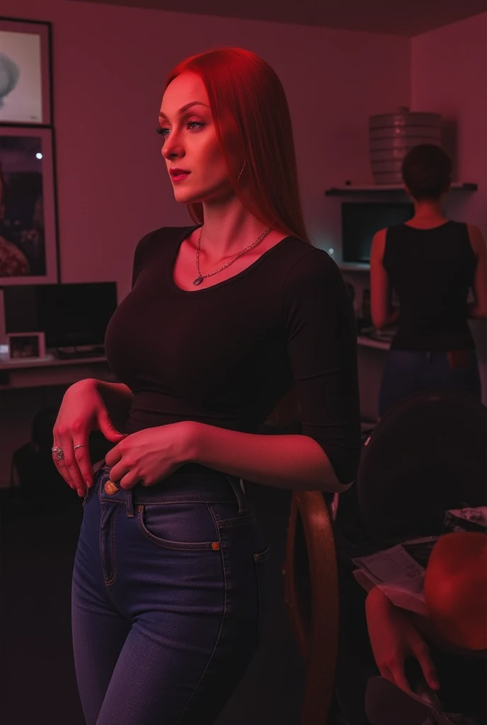 emmaleiah from USA, female, straight red hair, a woman wearing a tt0p and jeans, Cinematic photography, movie mood, cinematic light, compelling composition, storytelling elements, conveys emotion, mood, and narrative depth, creating visually striking images that feel like still frames from a film