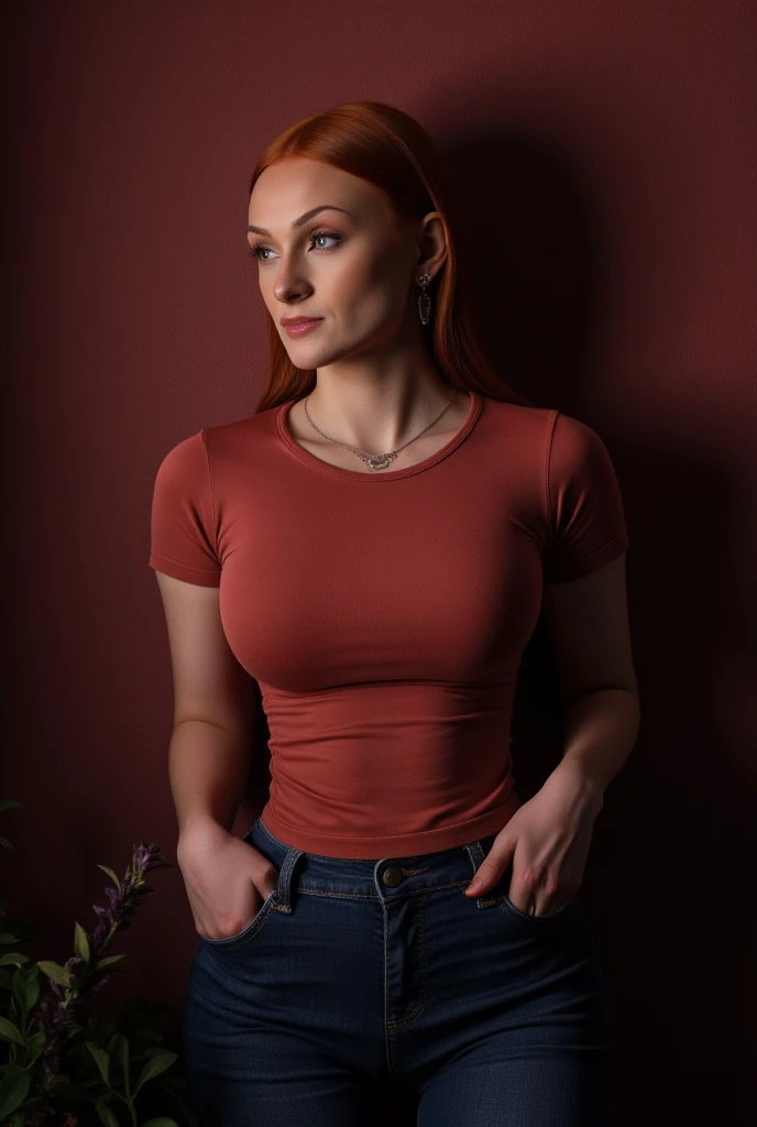 emmaleiah from USA, female, straight red hair, a woman wearing a tt0p and jeans, Cinematic photography, movie mood, cinematic light, compelling composition, storytelling elements, conveys emotion, mood, and narrative depth, creating visually striking images that feel like still frames from a film